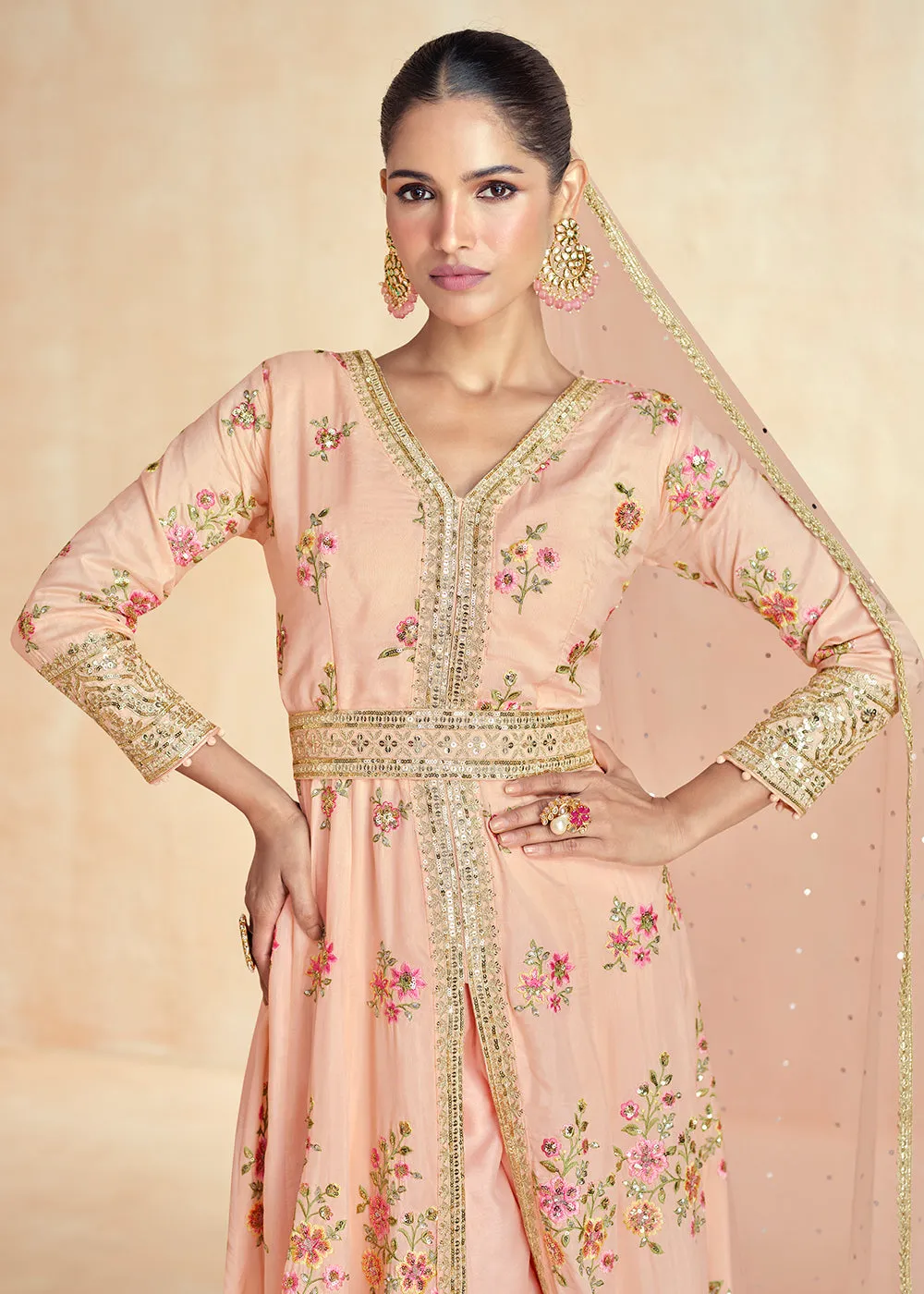 Light Peach Embroidered Slit Style Festive Anarkali Suit