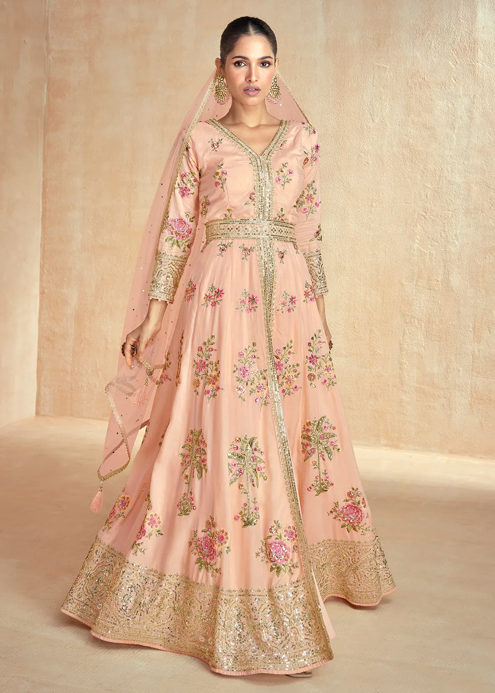 Light Peach Embroidered Slit Style Festive Anarkali Suit