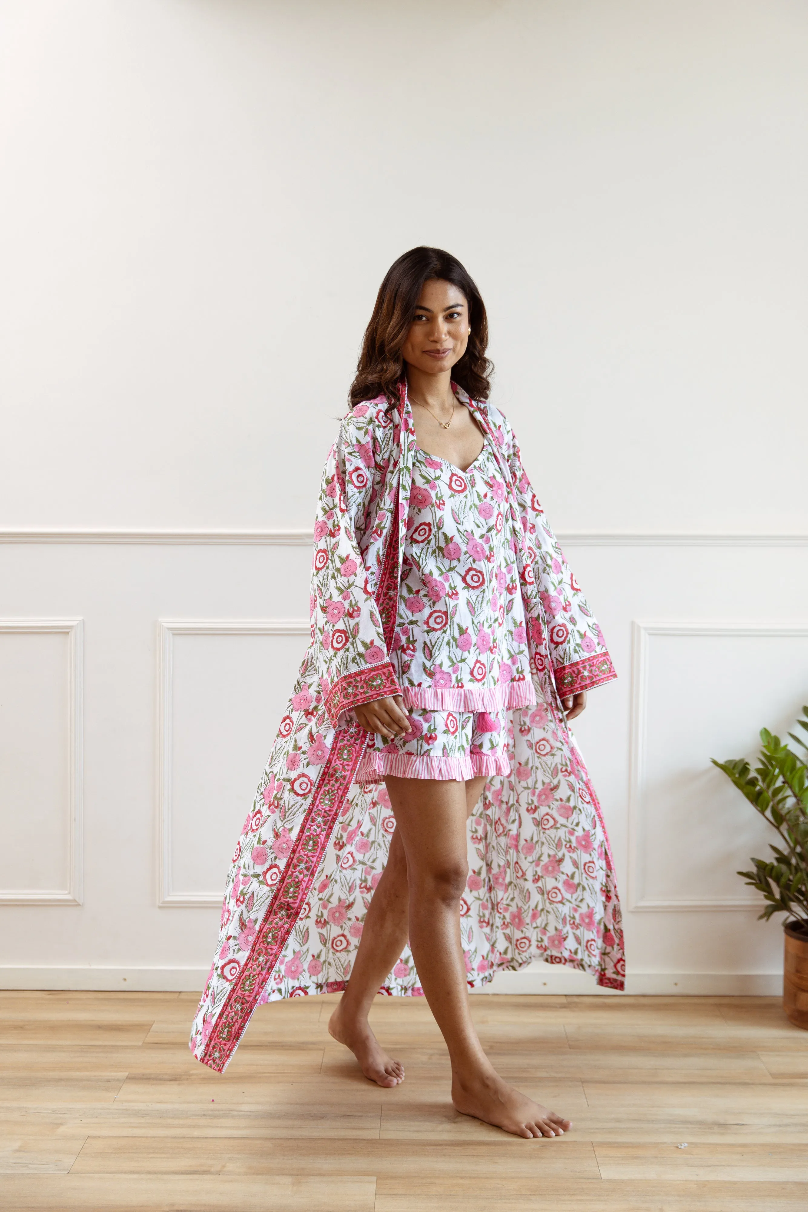 Long Cotton Robe - Cerise Floral Print