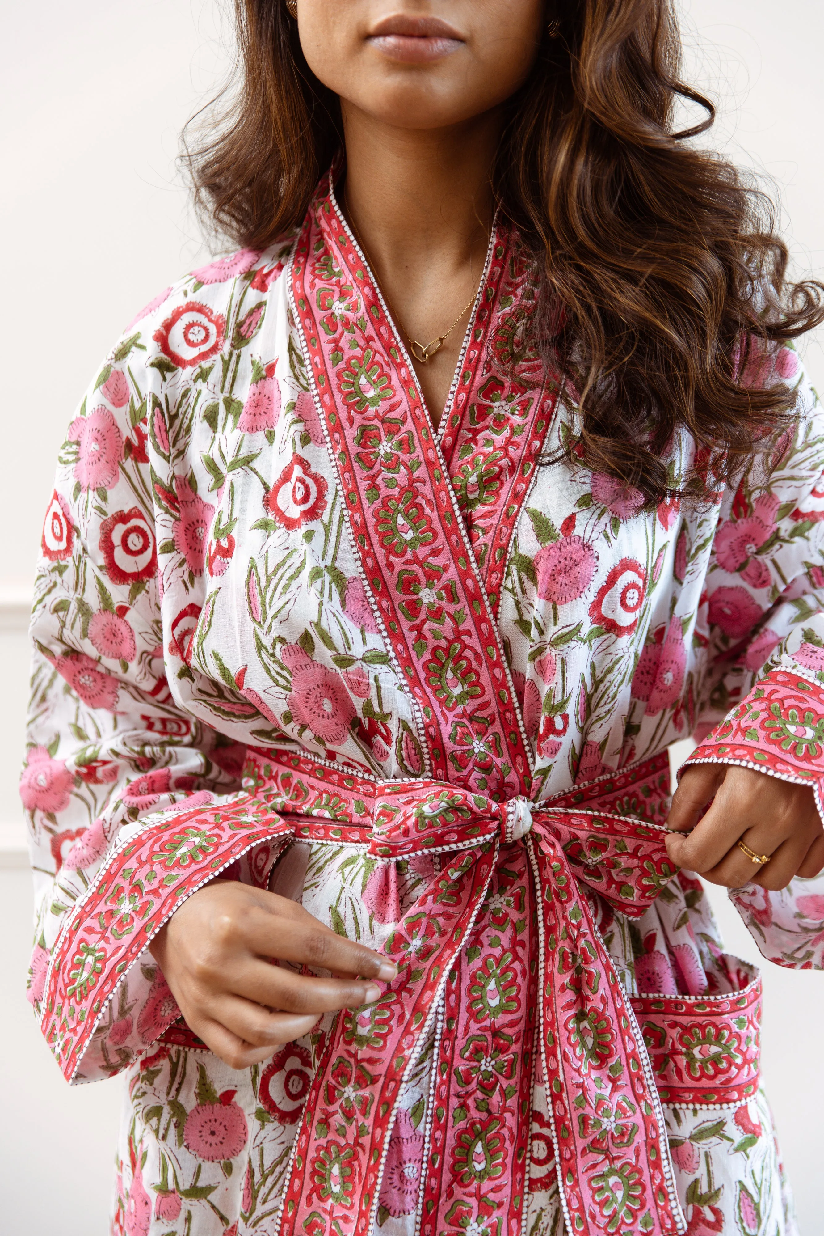 Long Cotton Robe - Cerise Floral Print