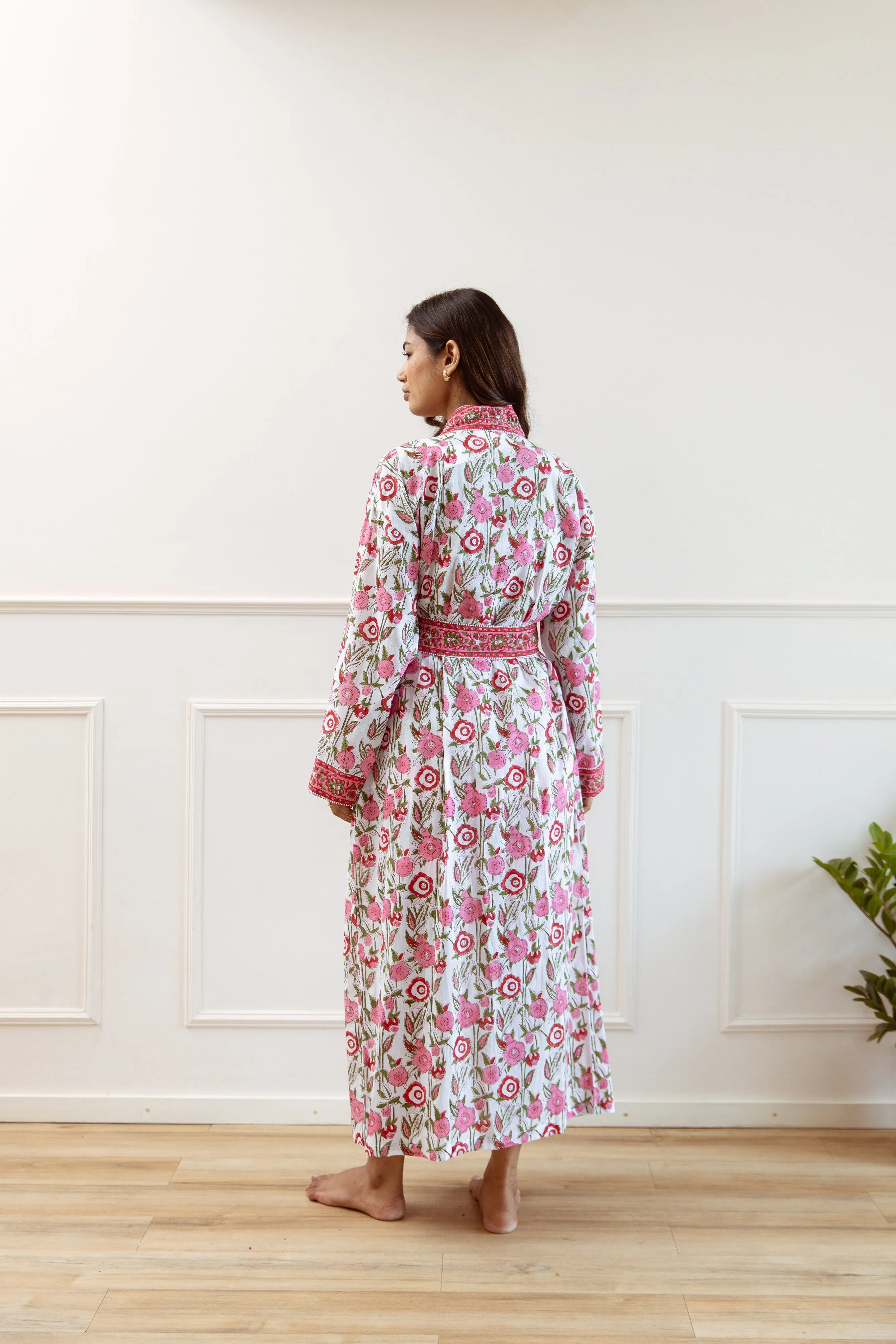 Long Cotton Robe - Cerise Floral Print