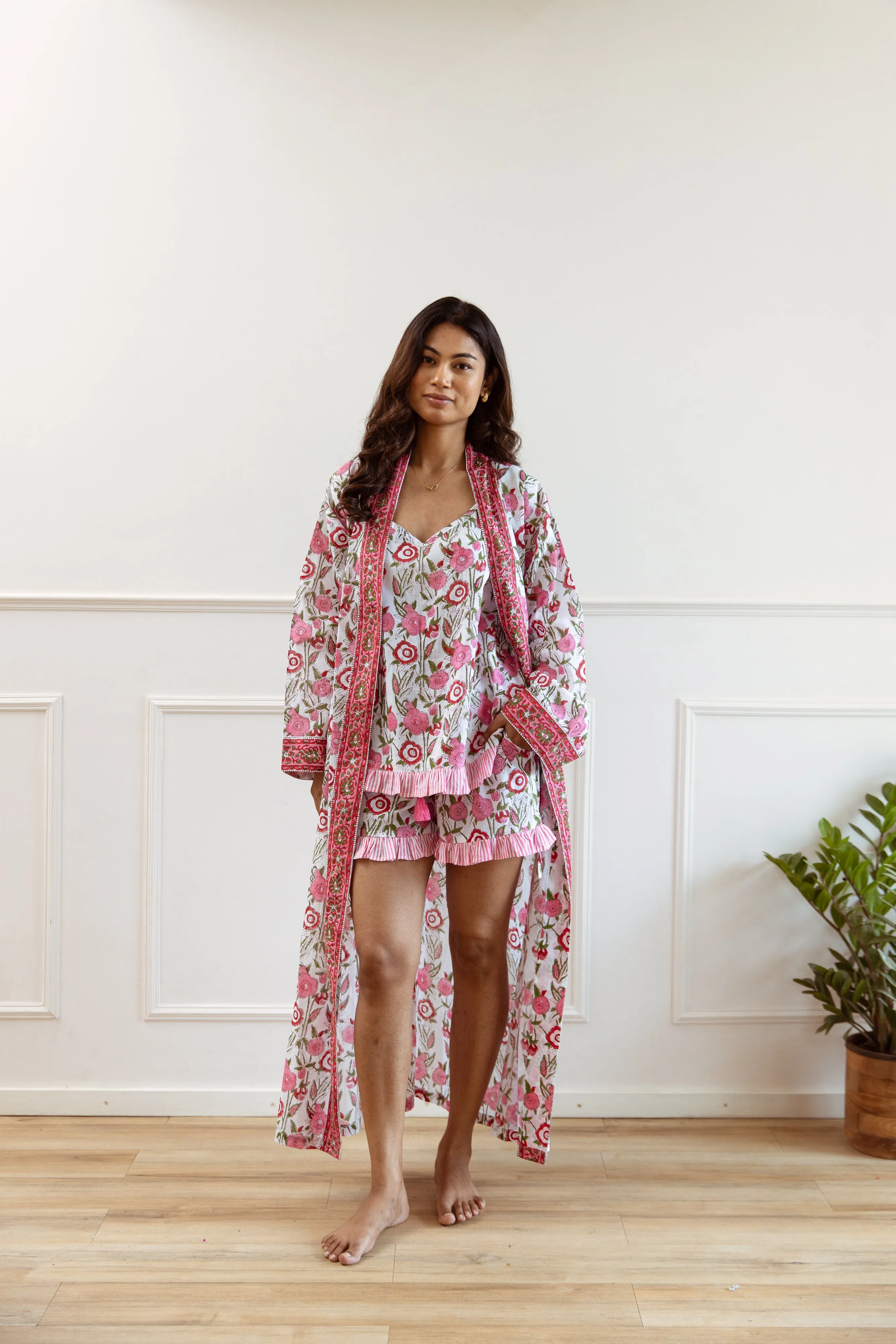 Long Cotton Robe - Cerise Floral Print