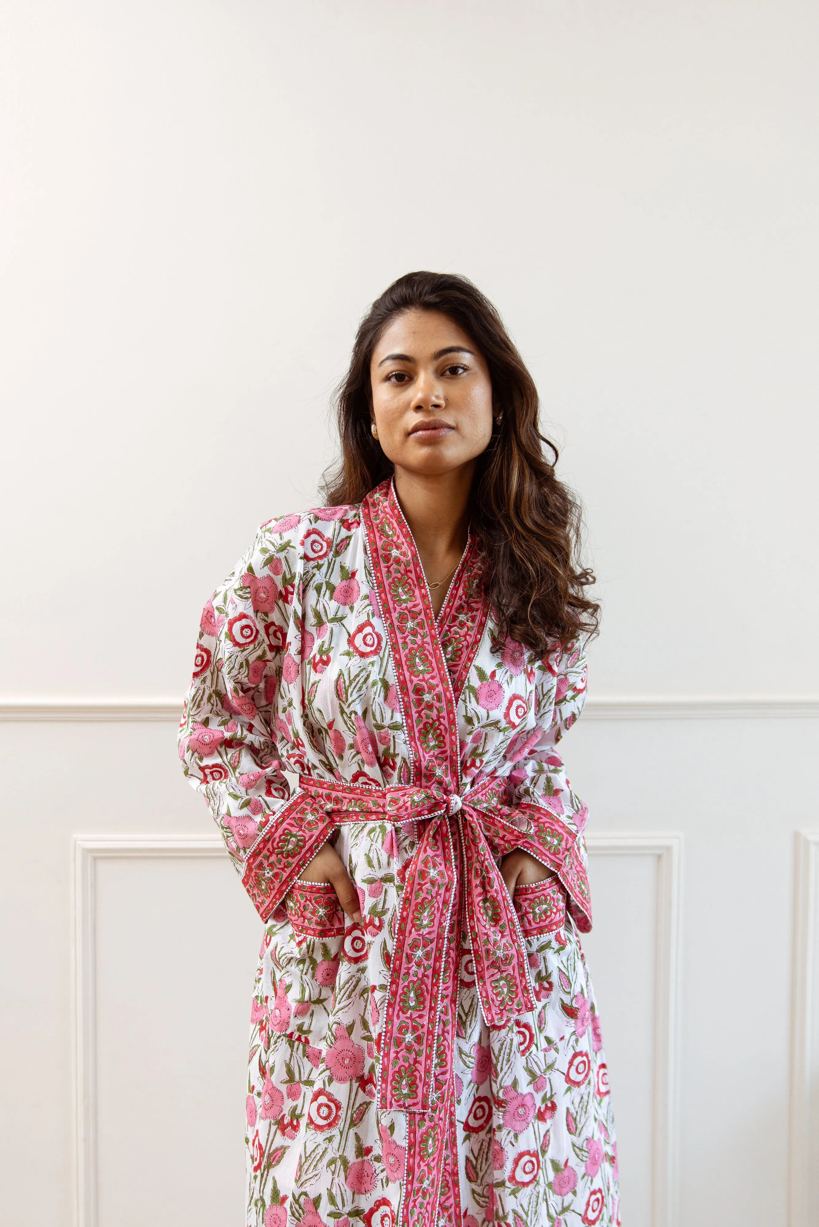 Long Cotton Robe - Cerise Floral Print