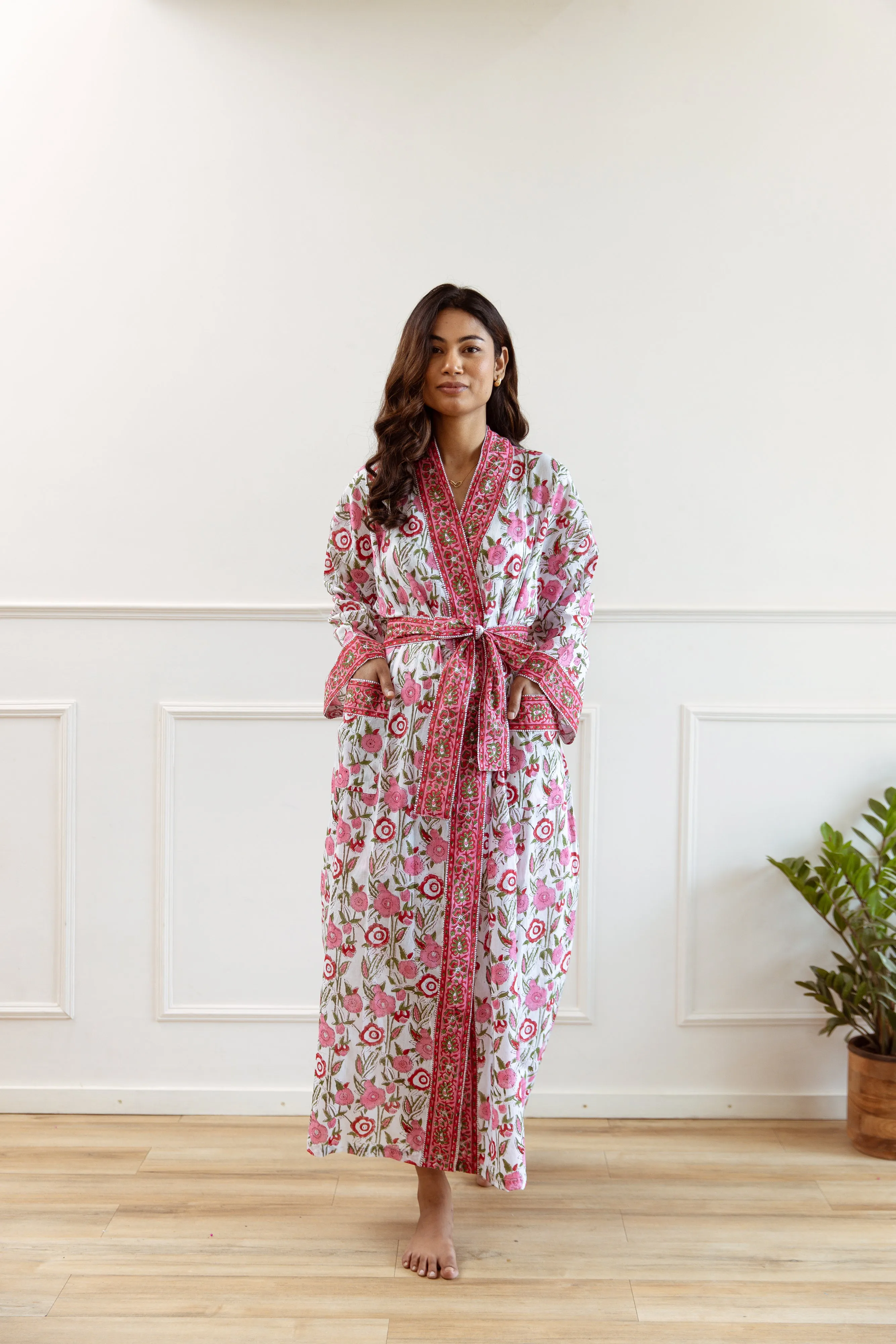 Long Cotton Robe - Cerise Floral Print