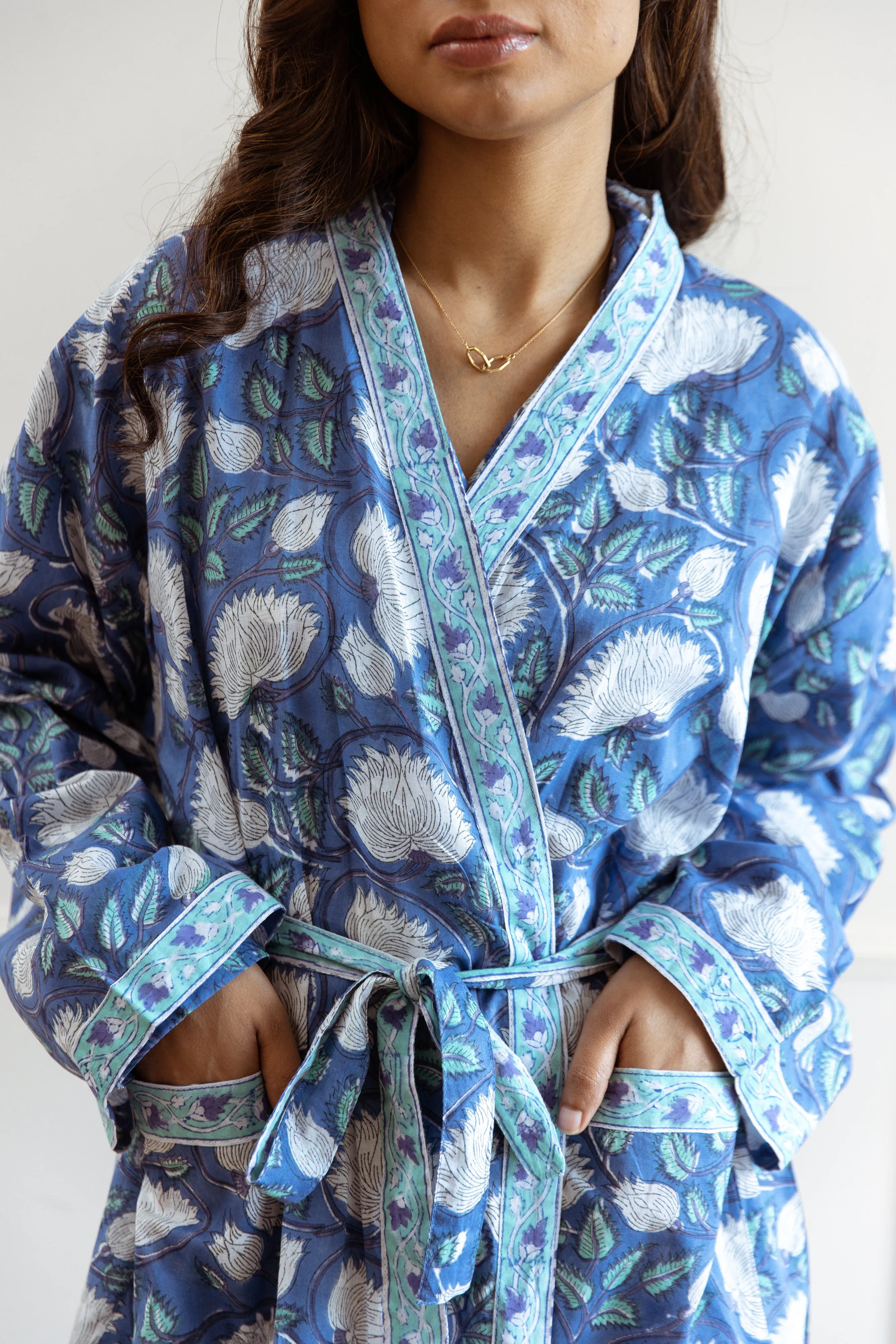 Long Cotton Robe - Cobalt Blue Floral Print