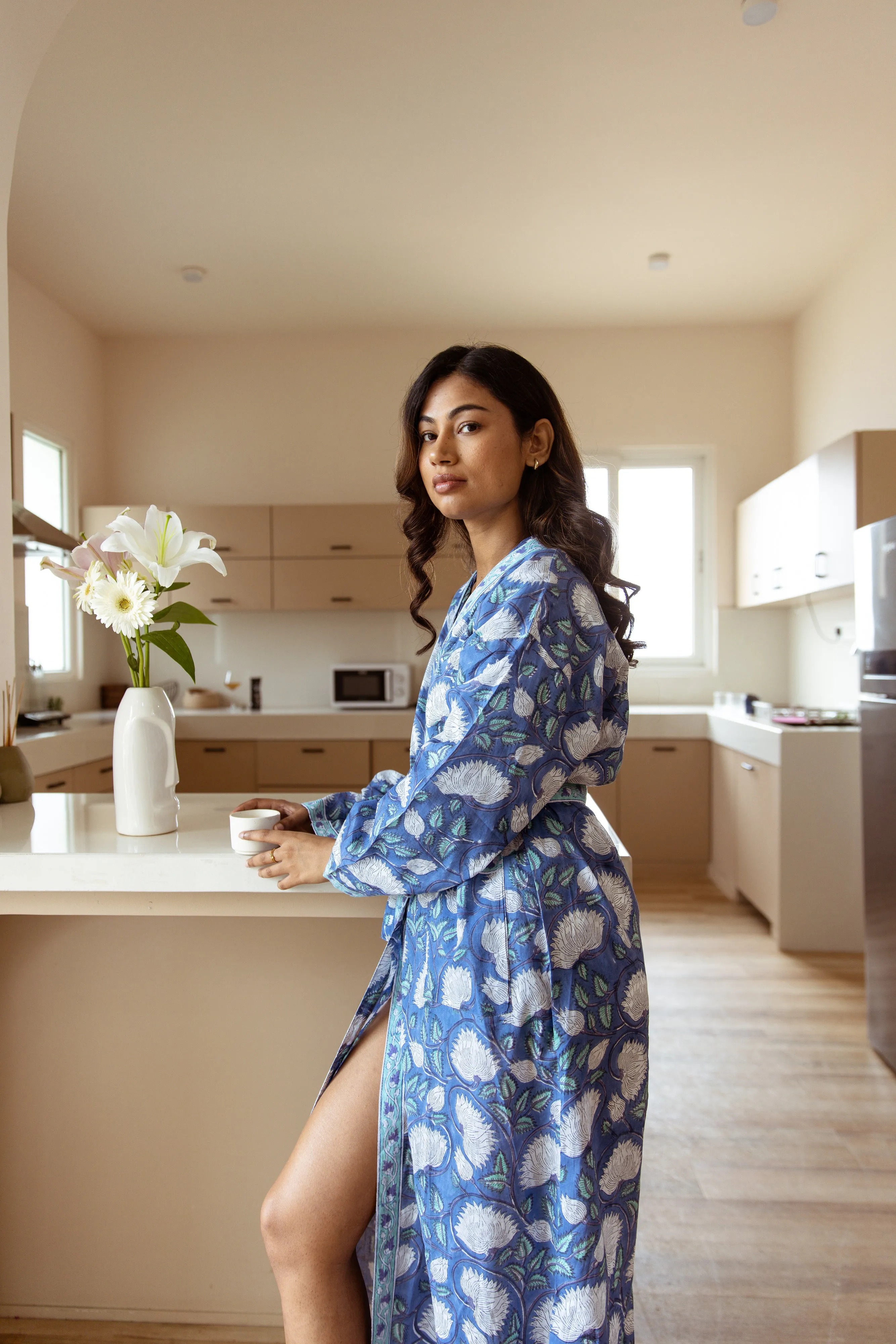 Long Cotton Robe - Cobalt Blue Floral Print