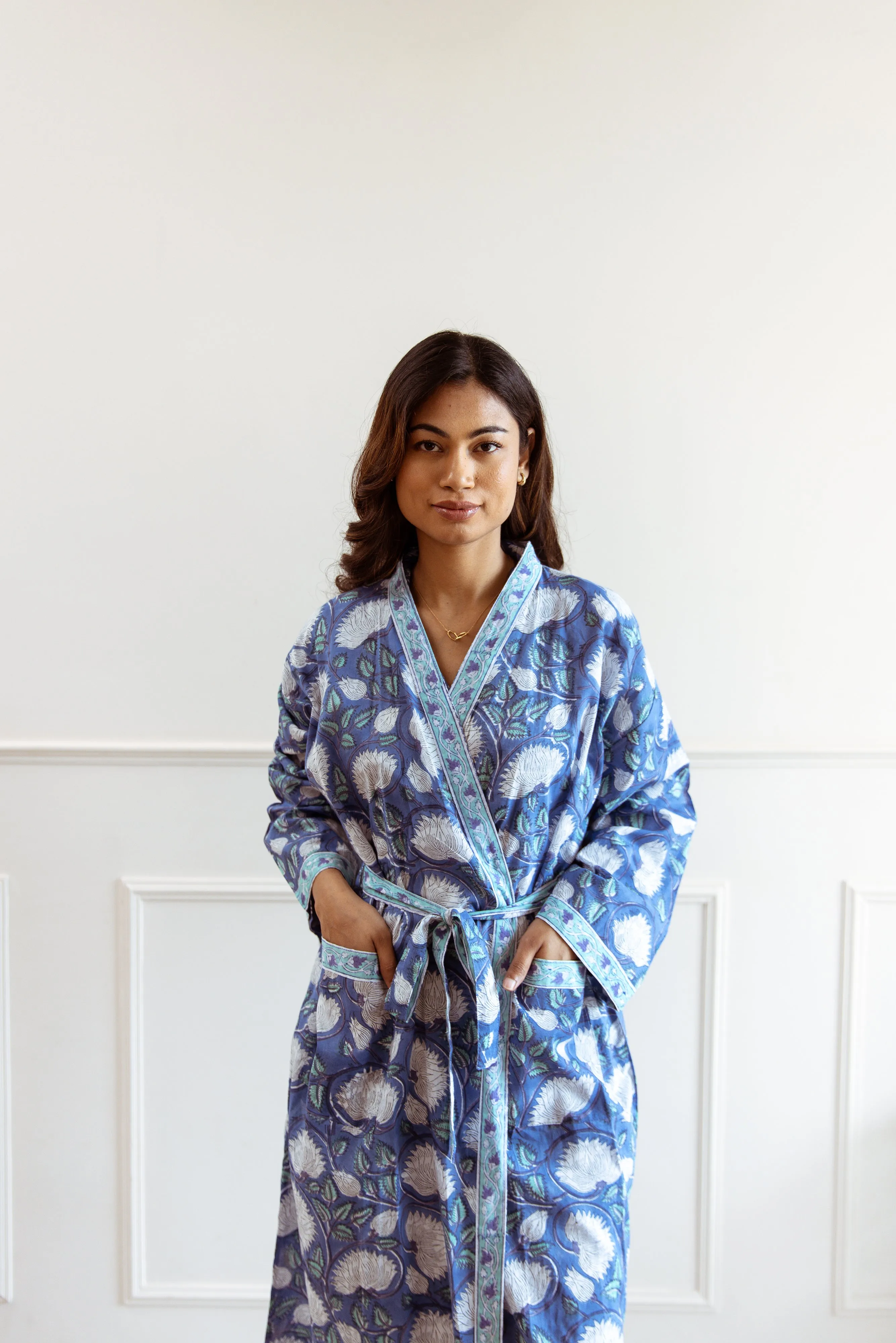 Long Cotton Robe - Cobalt Blue Floral Print