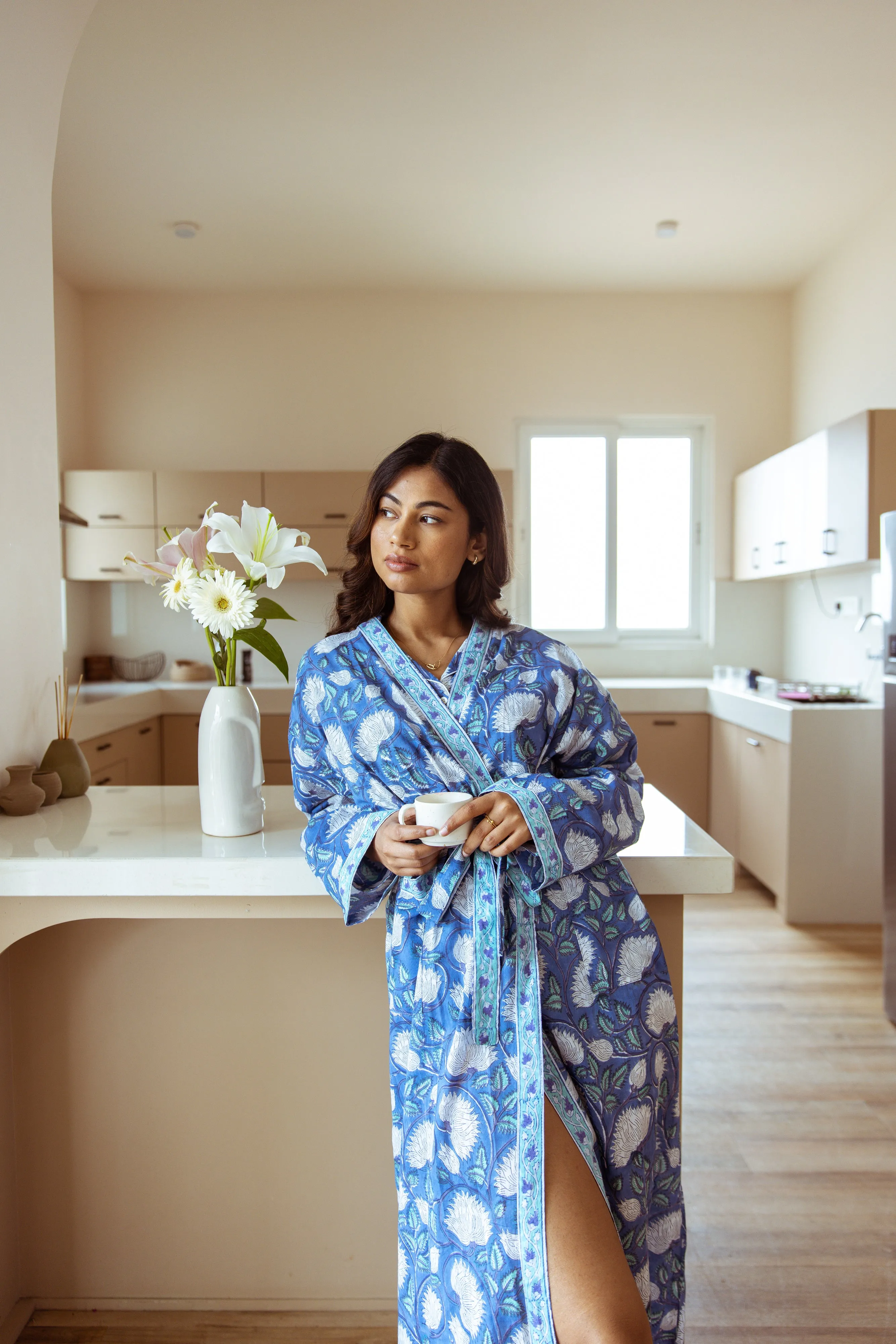 Long Cotton Robe - Cobalt Blue Floral Print