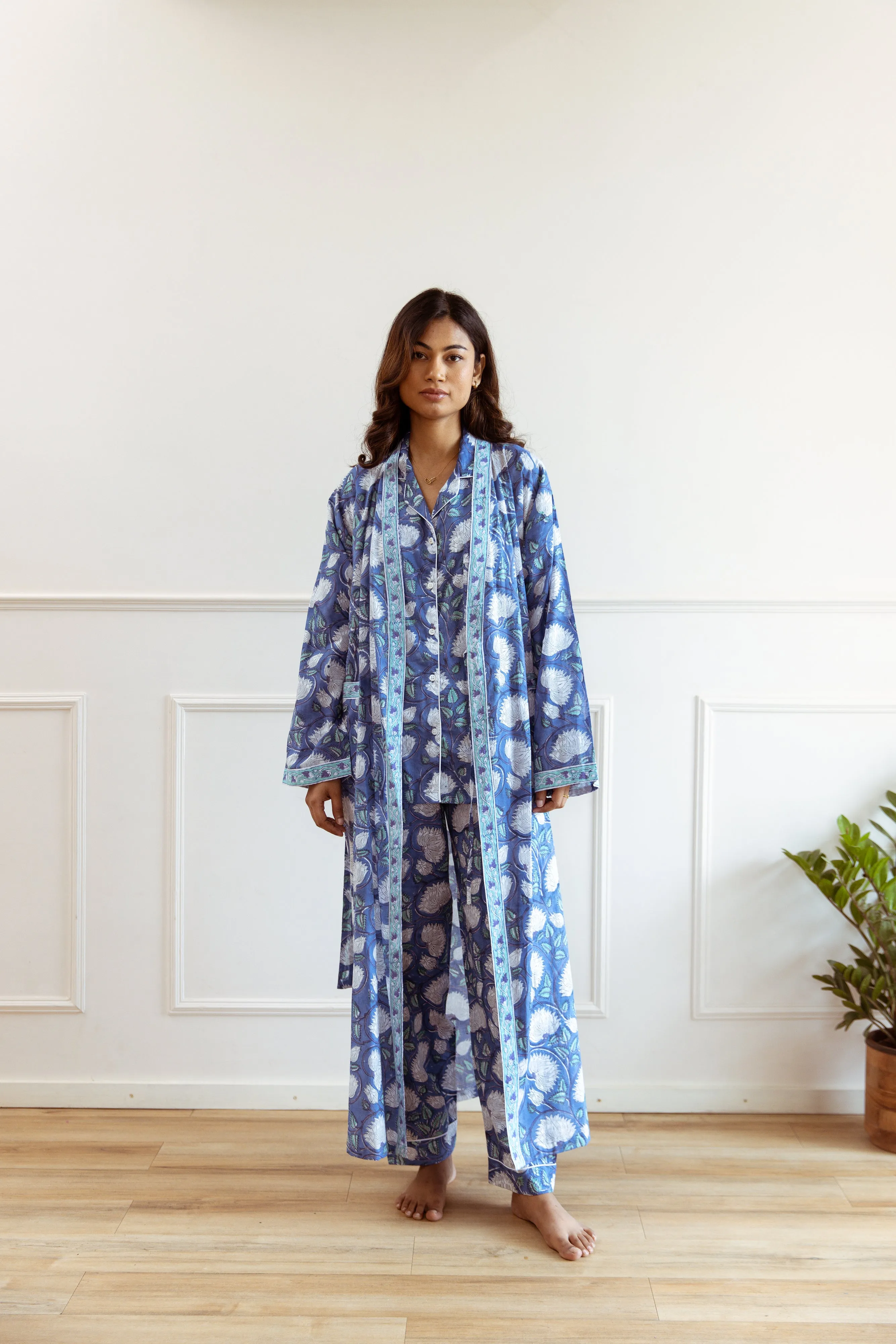 Long Cotton Robe - Cobalt Blue Floral Print