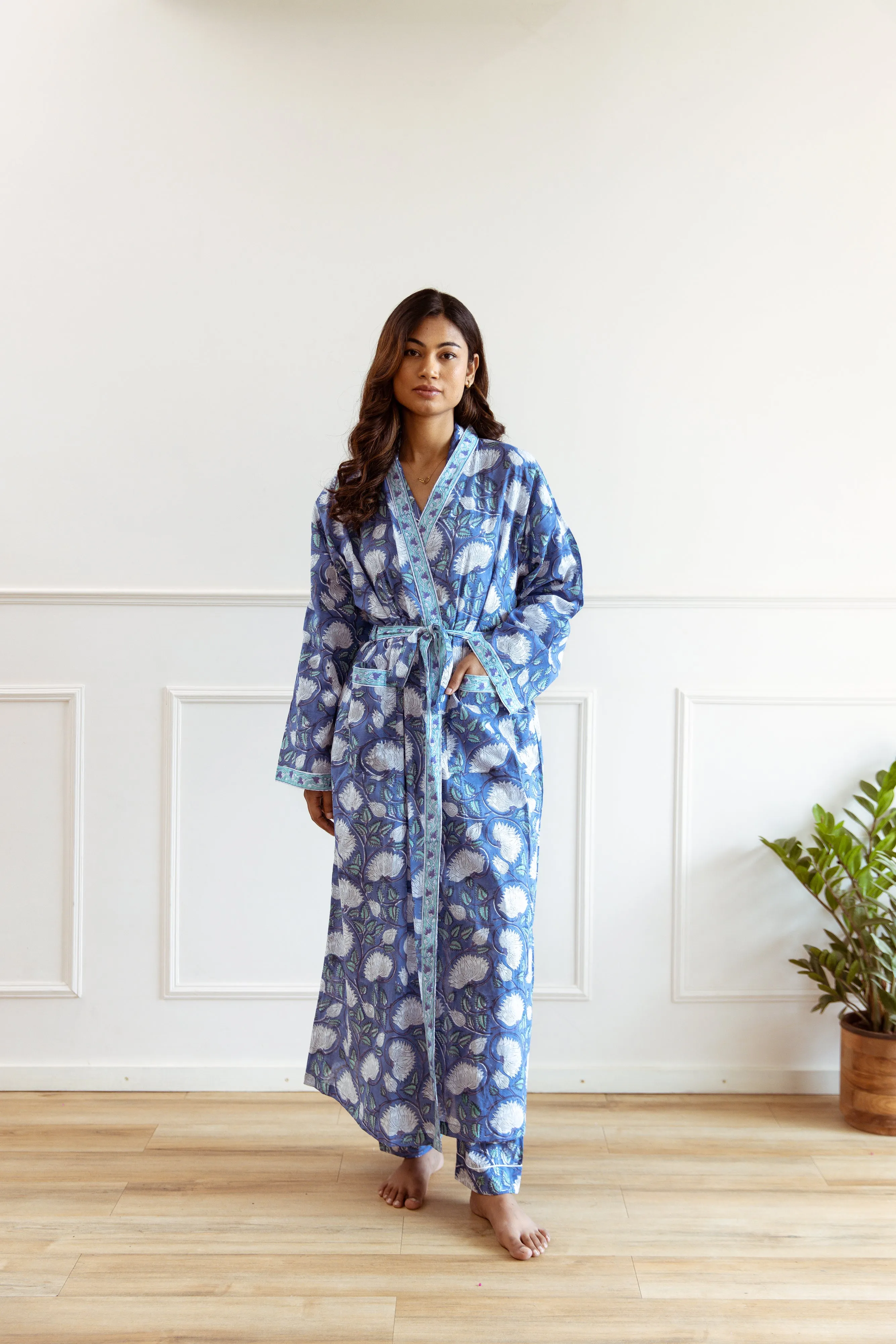 Long Cotton Robe - Cobalt Blue Floral Print