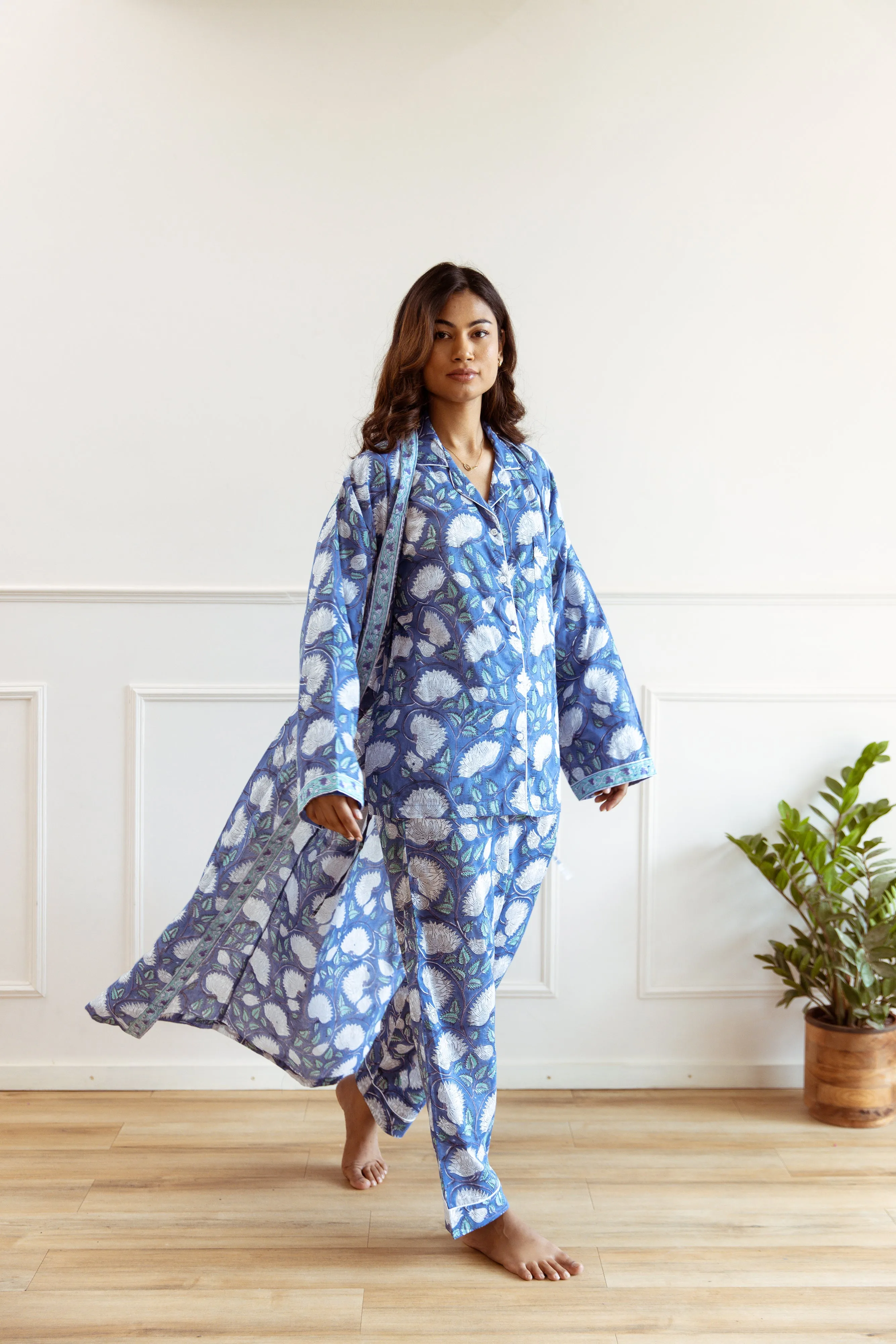 Long Cotton Robe - Cobalt Blue Floral Print