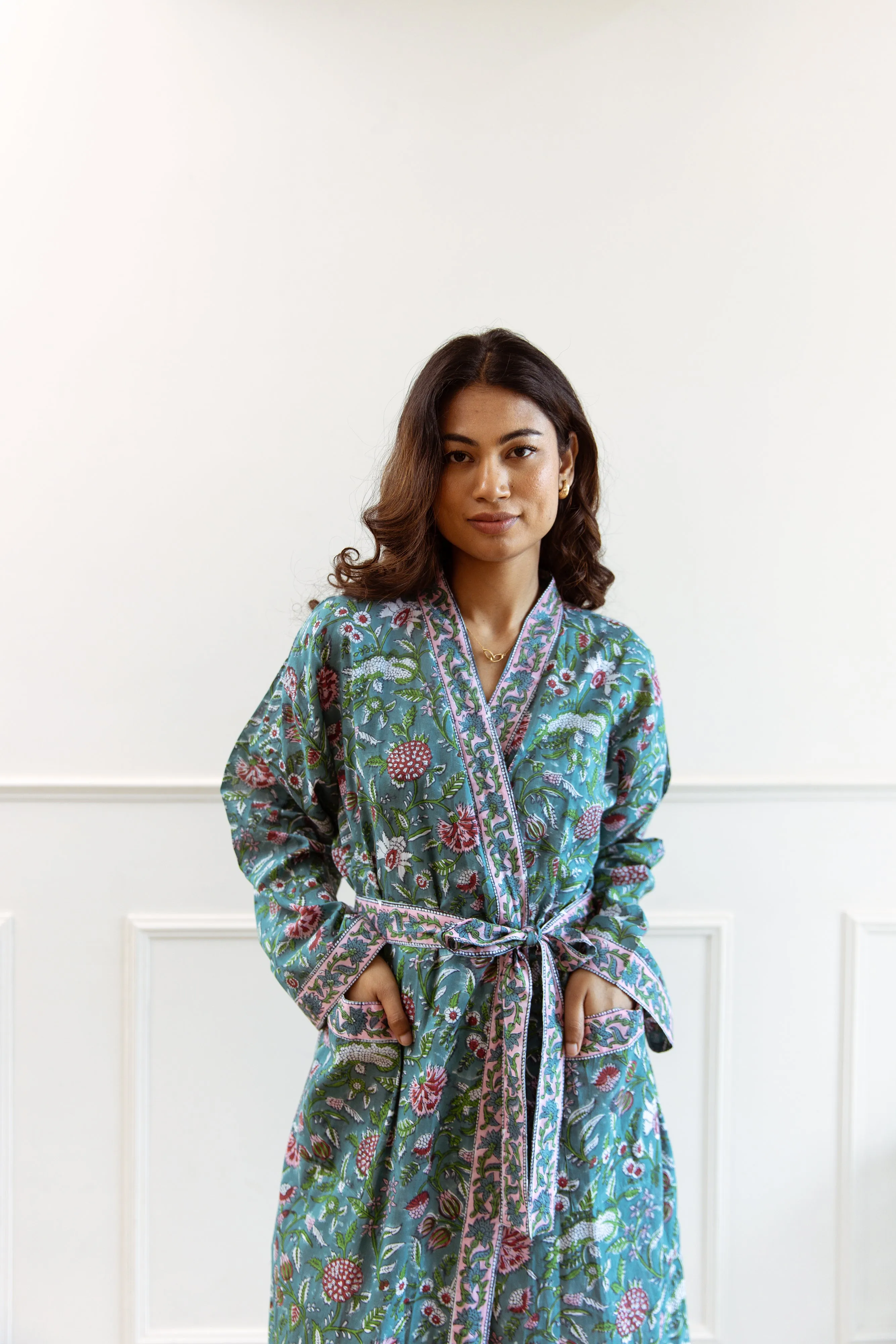 Long Cotton Robe - Teal Green Floral Print