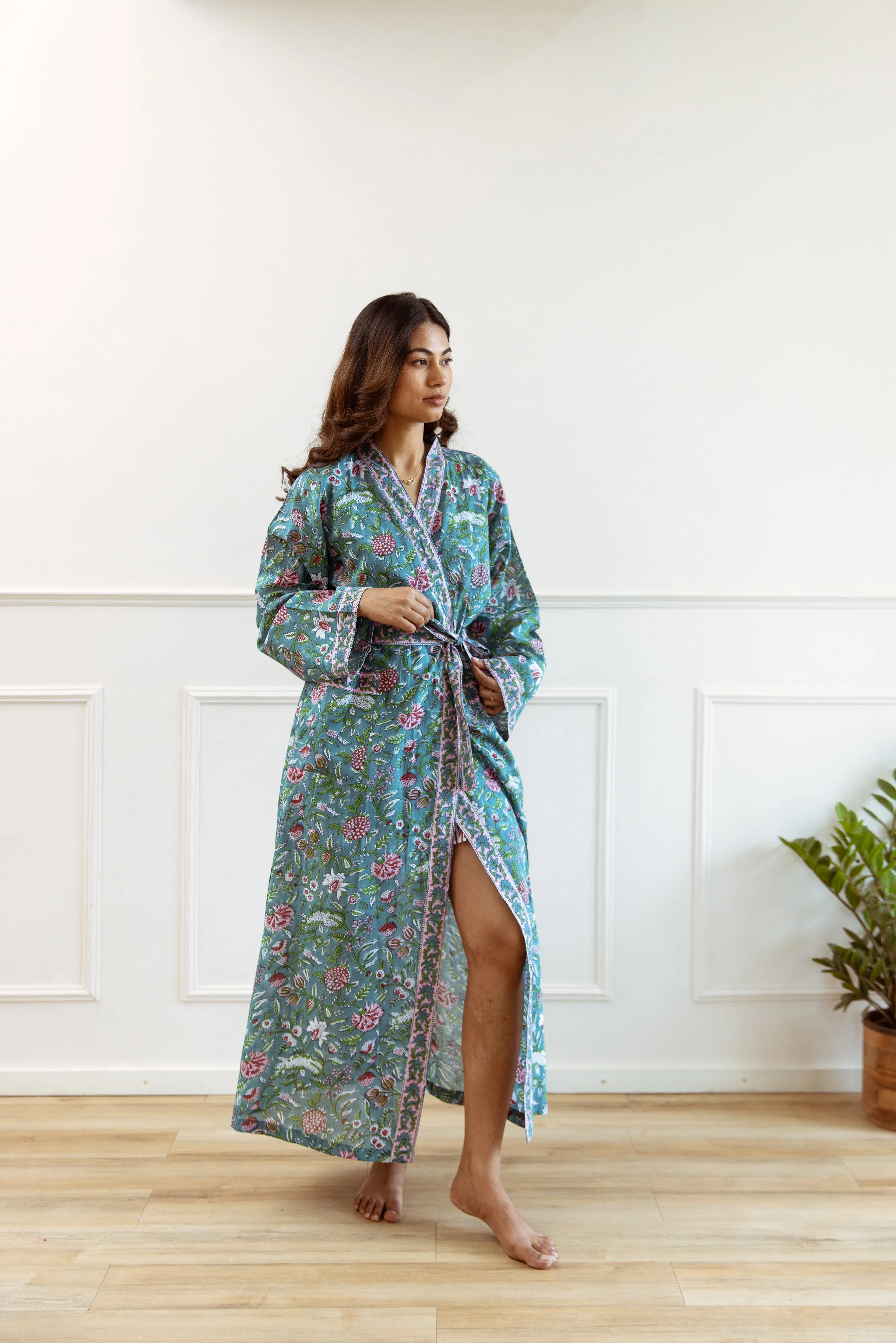 Long Cotton Robe - Teal Green Floral Print