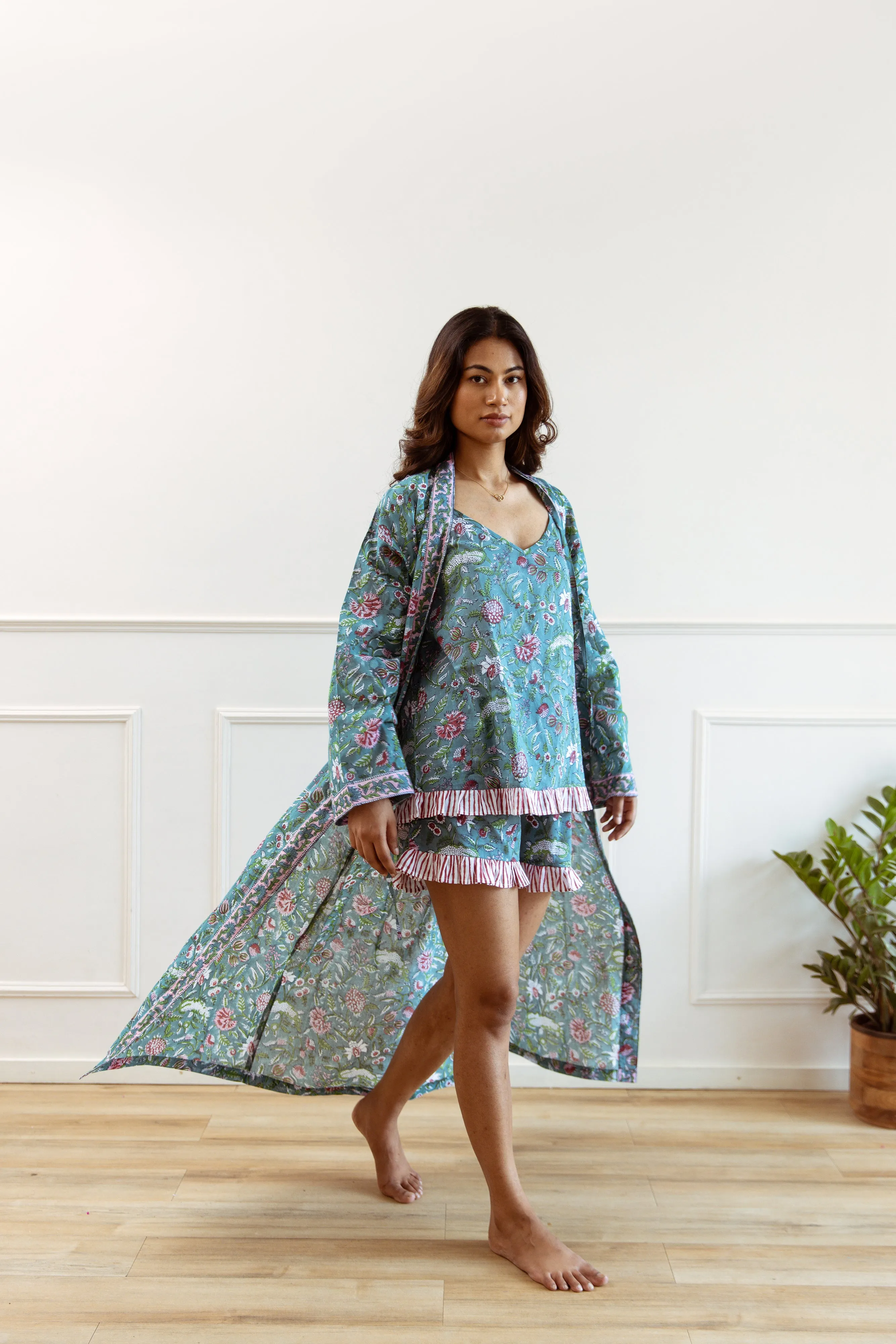 Long Cotton Robe - Teal Green Floral Print