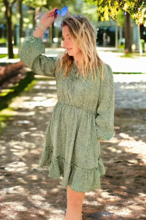 Long Sleeve Dot Print Nursing Dress- Jade