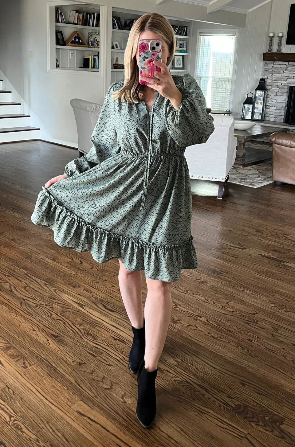 Long Sleeve Dot Print Nursing Dress- Jade