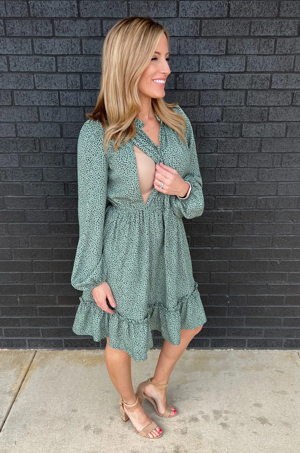 Long Sleeve Dot Print Nursing Dress- Jade