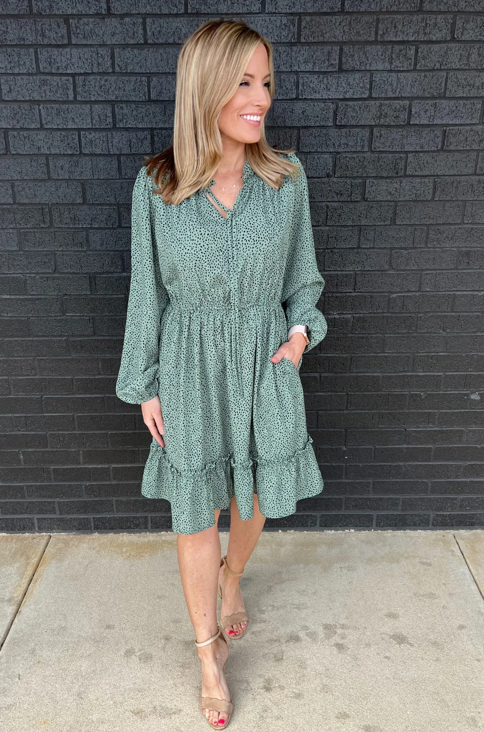 Long Sleeve Dot Print Nursing Dress- Jade