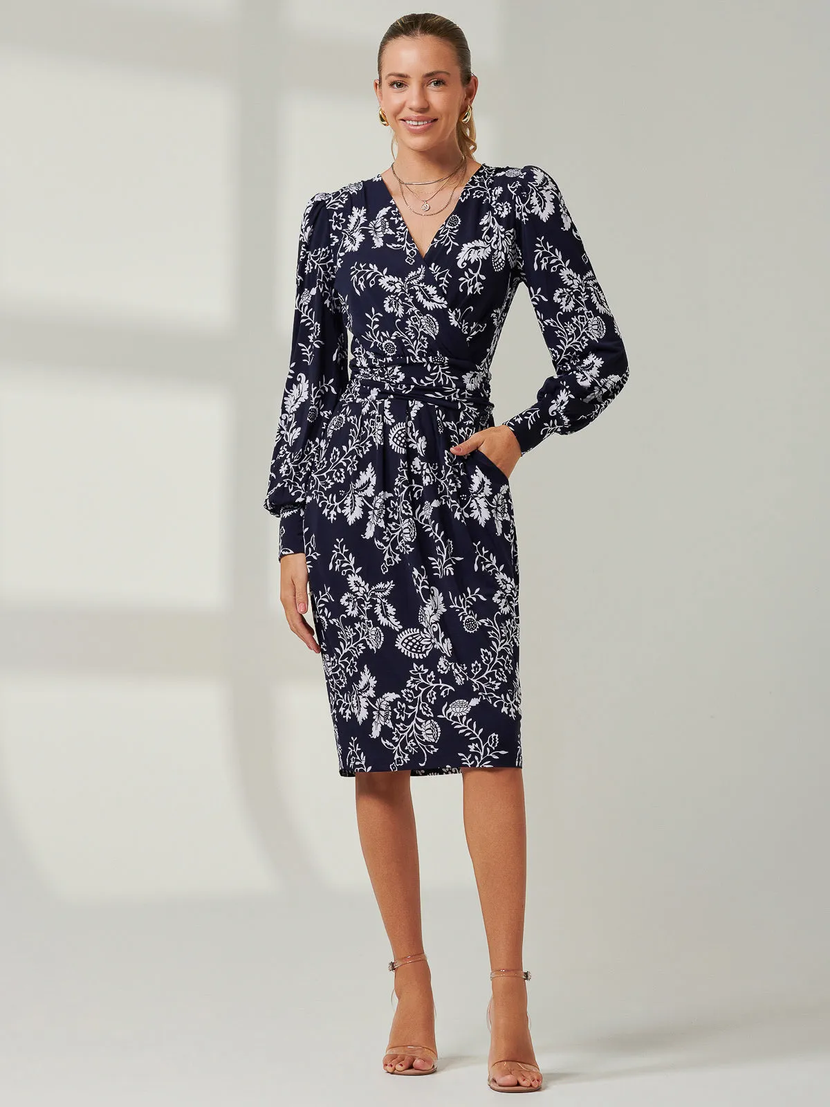 Long Sleeve Jersey Pegged Dress, Navy Floral