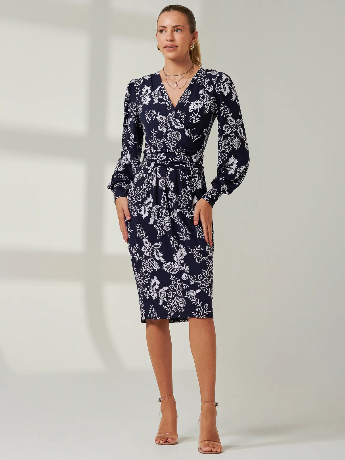 Long Sleeve Jersey Pegged Dress, Navy Floral