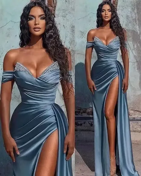 LVSANW 2024 Sexy Blue Off Shoulder Beaded Satin Evening Dress Mermaid for Women Slit V-Neck Pleated Backless Evening Party Gown