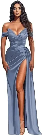 LVSANW 2024 Sexy Blue Off Shoulder Beaded Satin Evening Dress Mermaid for Women Slit V-Neck Pleated Backless Evening Party Gown