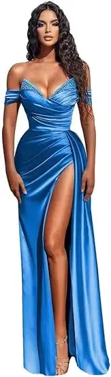 LVSANW 2024 Sexy Blue Off Shoulder Beaded Satin Evening Dress Mermaid for Women Slit V-Neck Pleated Backless Evening Party Gown