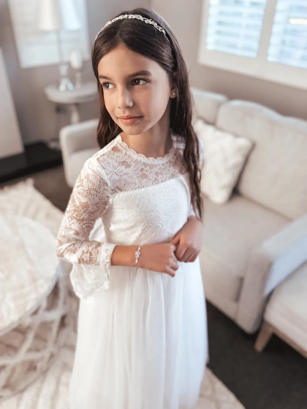 Melody Long Sleeve Girls White Dress