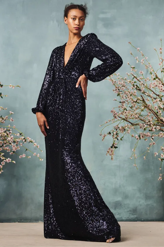 Navy Sequin Plunging V-Neck Gown