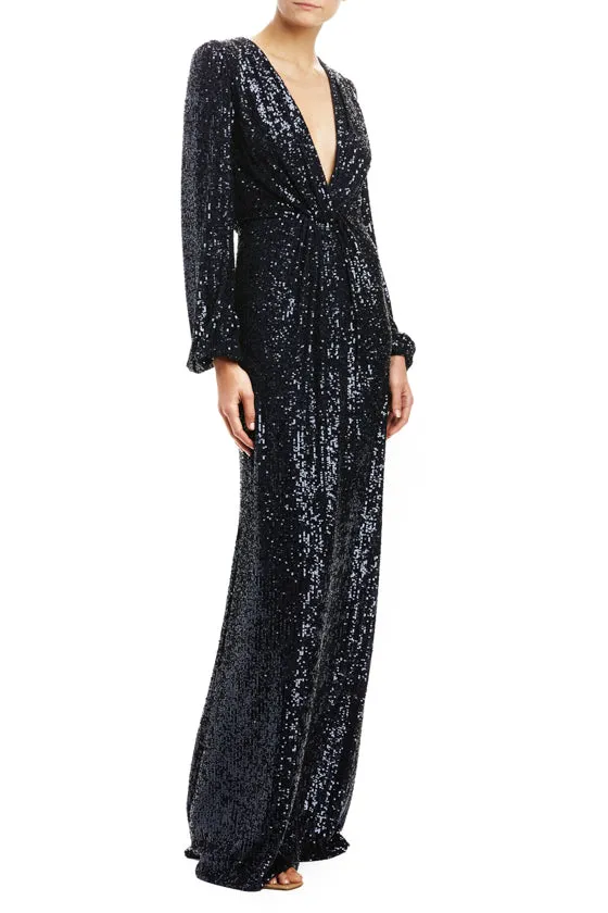 Navy Sequin Plunging V-Neck Gown