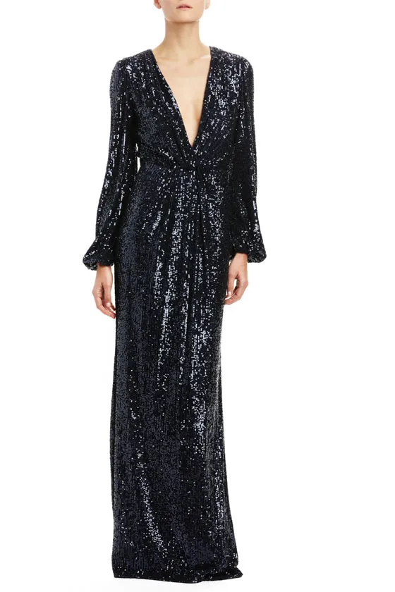 Navy Sequin Plunging V-Neck Gown