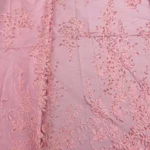 Pink Floral & Pearl Shimmer Embroidery Net Fabric