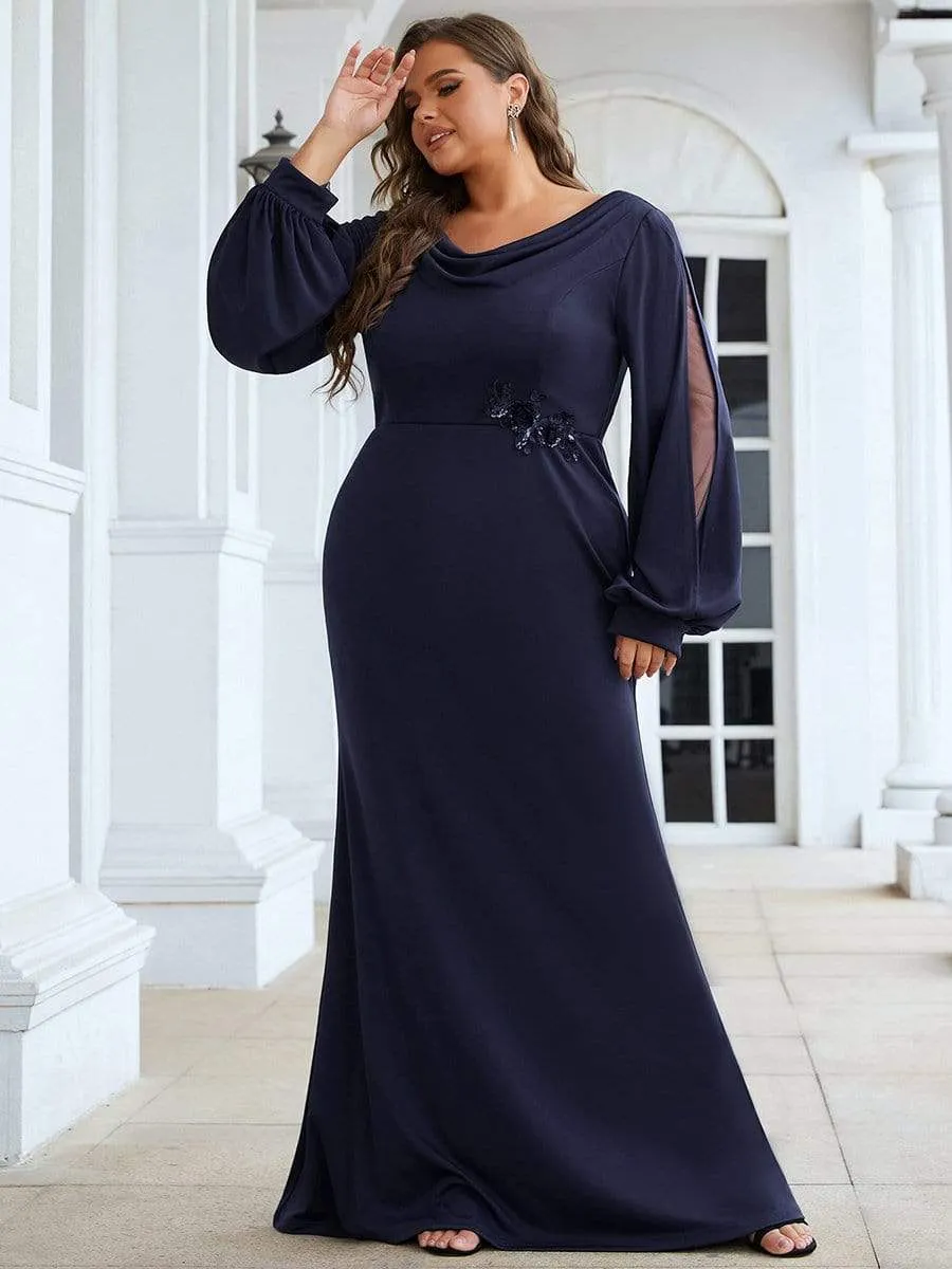 Plus Size Lantern Sleeve Cowl Neck Knitting Mother of the Bride Dress