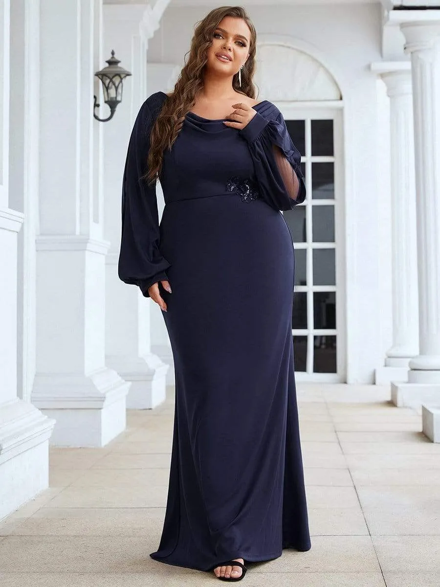 Plus Size Lantern Sleeve Cowl Neck Knitting Mother of the Bride Dress