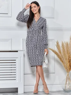 Print Long Sleeve Pegged Dress, Black Geo