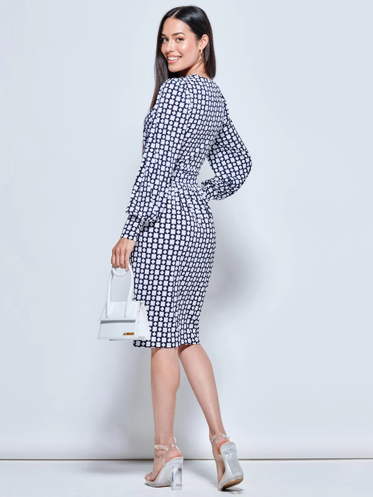 Print Long Sleeve Pegged Dress, Navy Geo