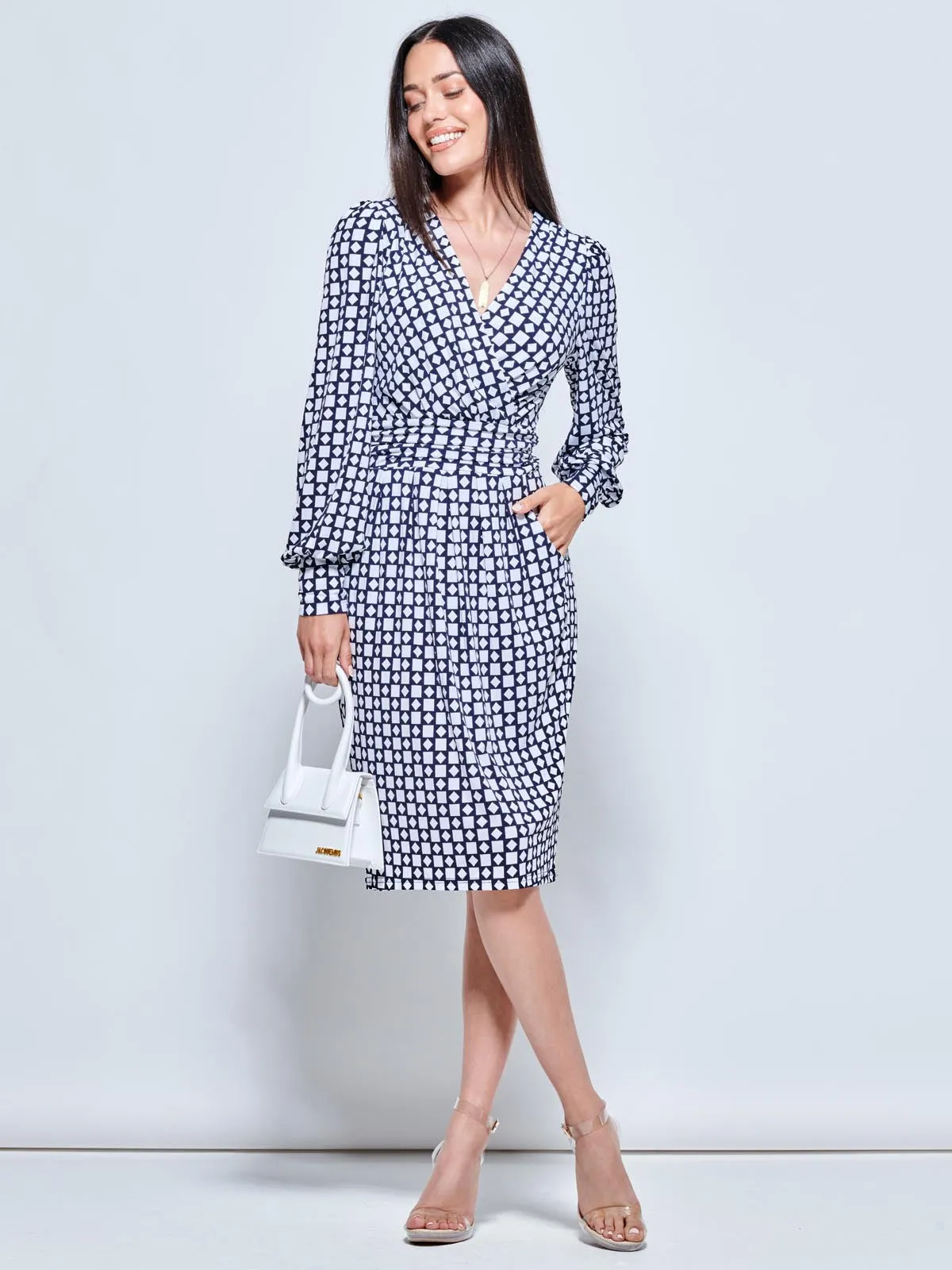 Print Long Sleeve Pegged Dress, Navy Geo