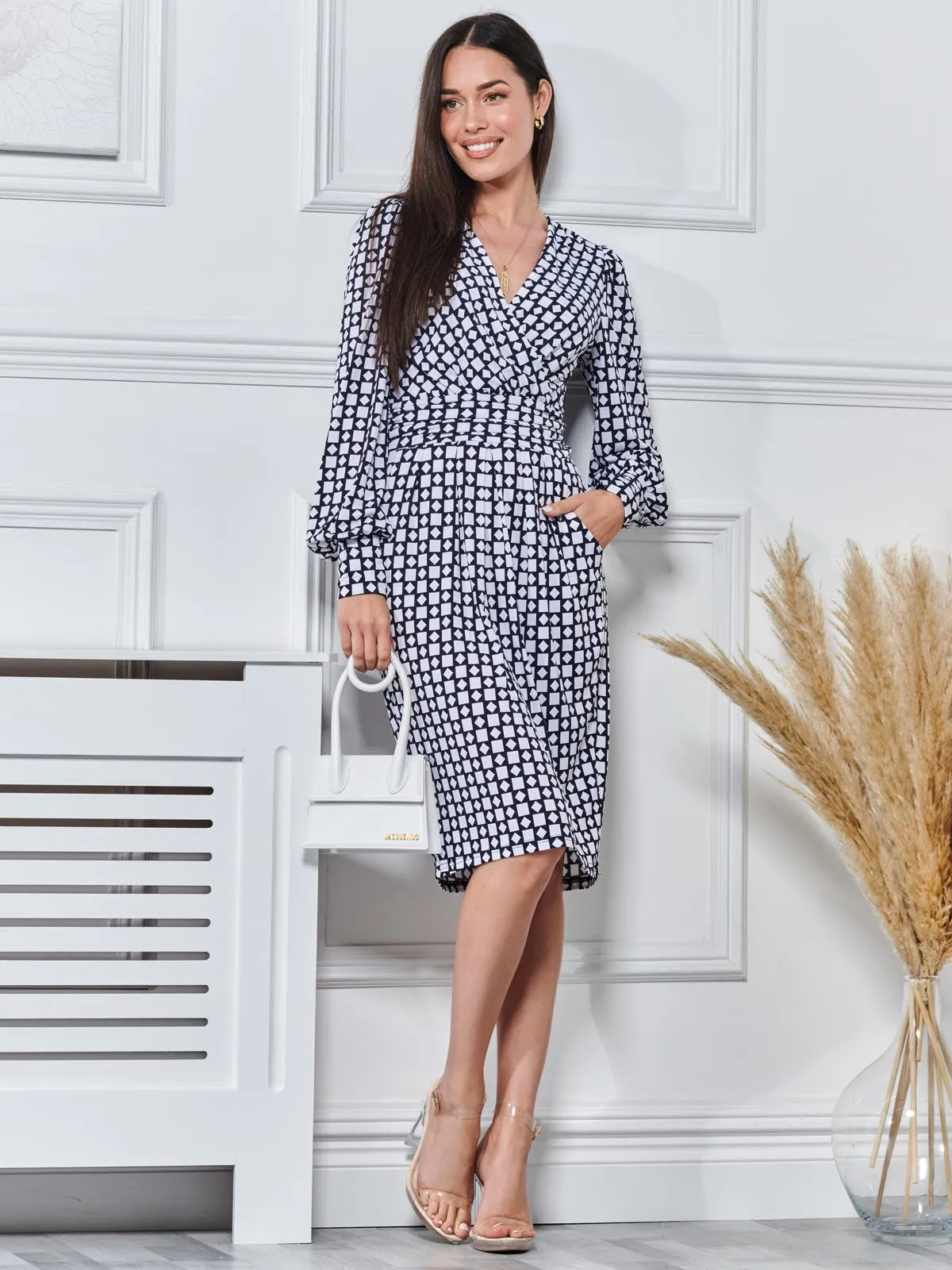 Print Long Sleeve Pegged Dress, Navy Geo