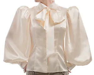 Pussy-Bow Silk Satin Ballon Sleeved Blouse