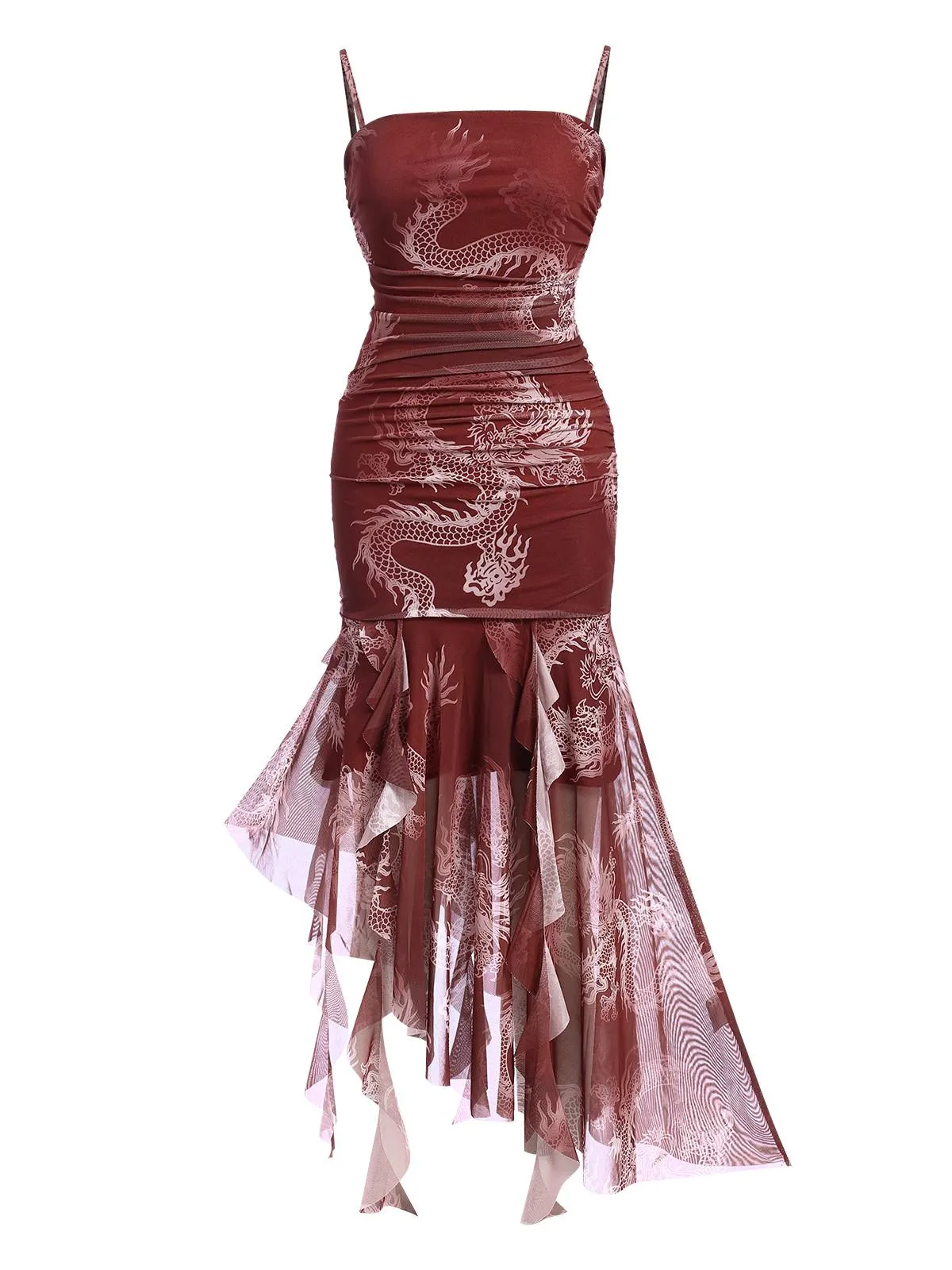 Red 1950s High-Low Halloween Dragon Mesh Dress