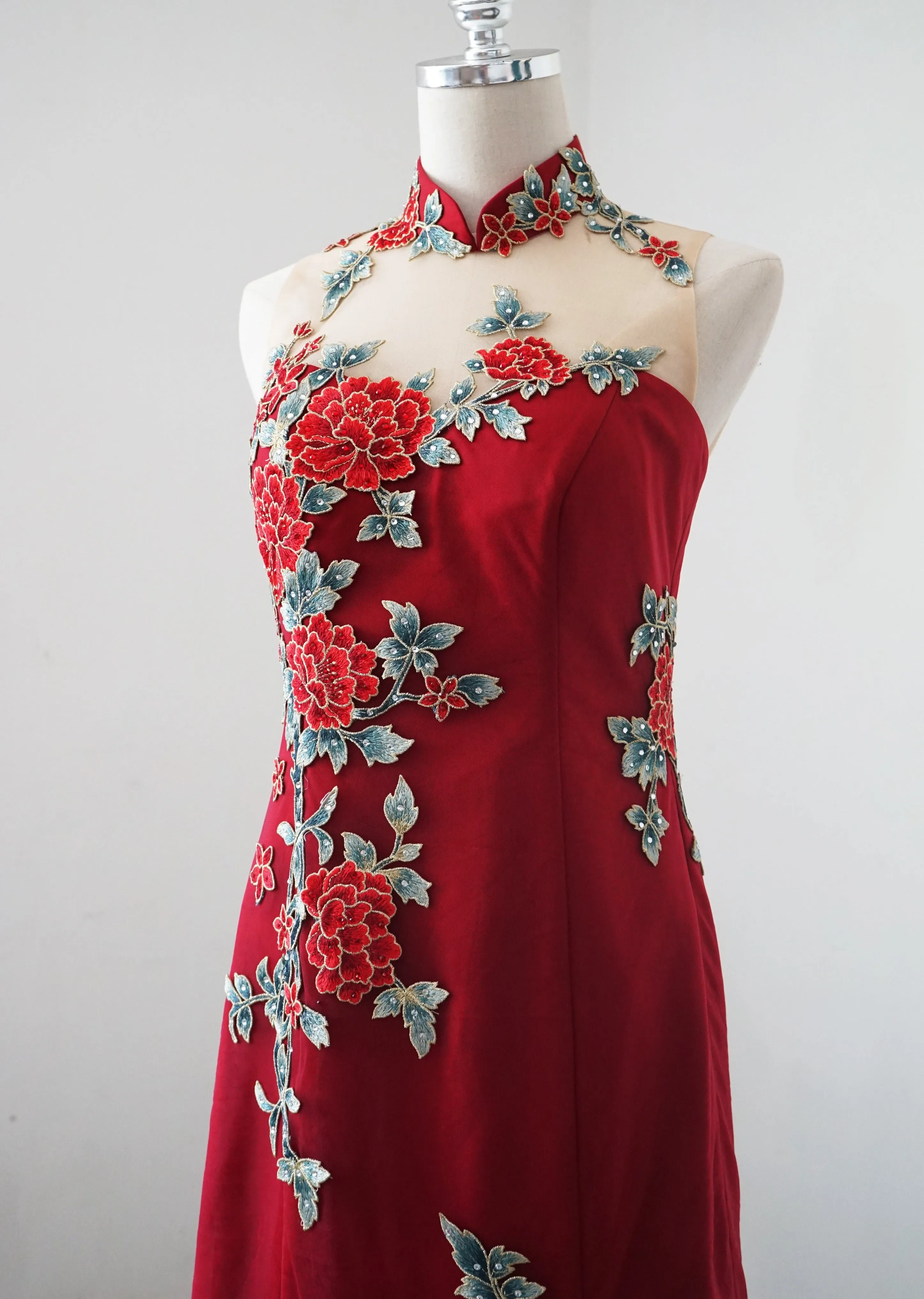 Red Celosia Tulle Mermaid Qipao