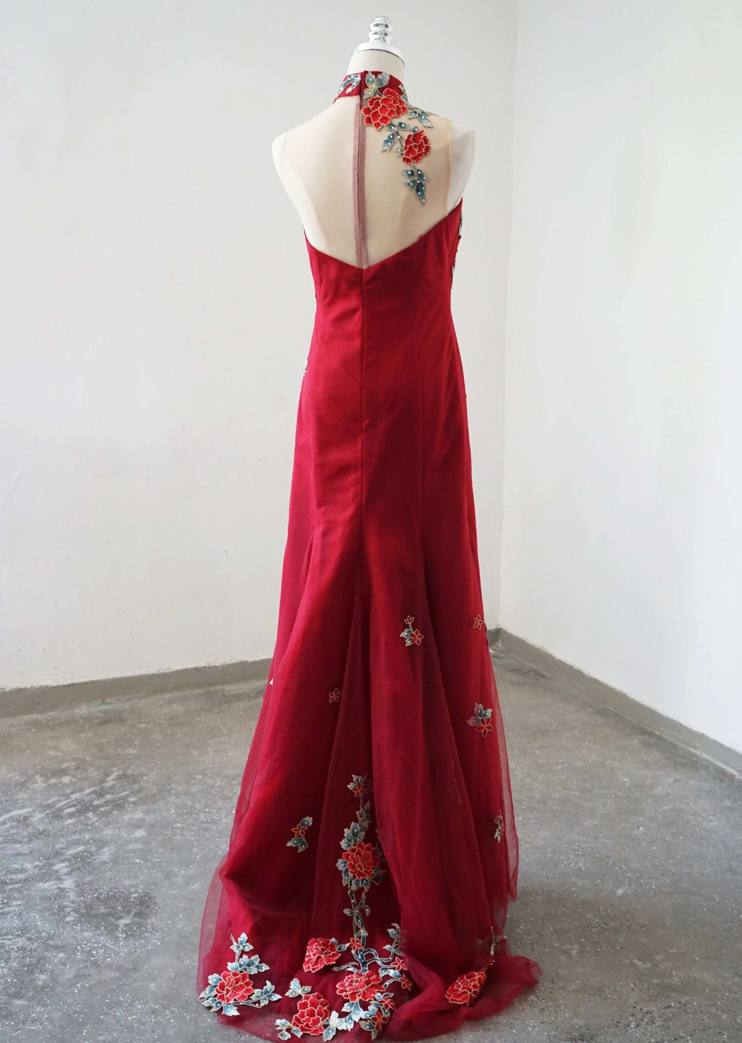 Red Celosia Tulle Mermaid Qipao