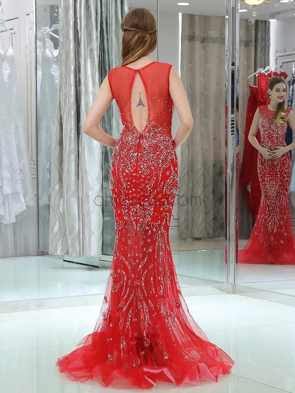 Red Mermaid Open-Back Sleeveless Appliques  Prom Dress, YKX060