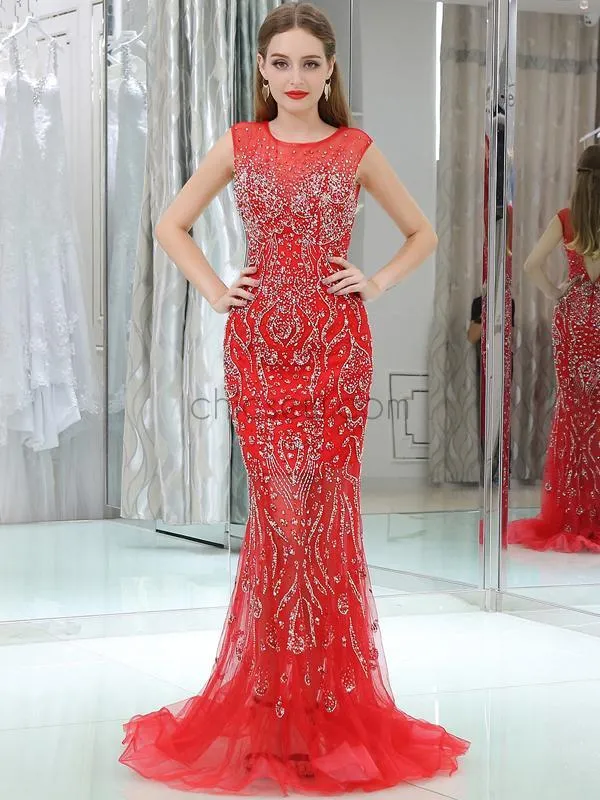 Red Mermaid Open-Back Sleeveless Appliques  Prom Dress, YKX060