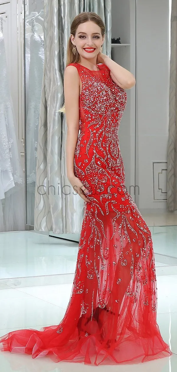 Red Mermaid Open-Back Sleeveless Appliques  Prom Dress, YKX060