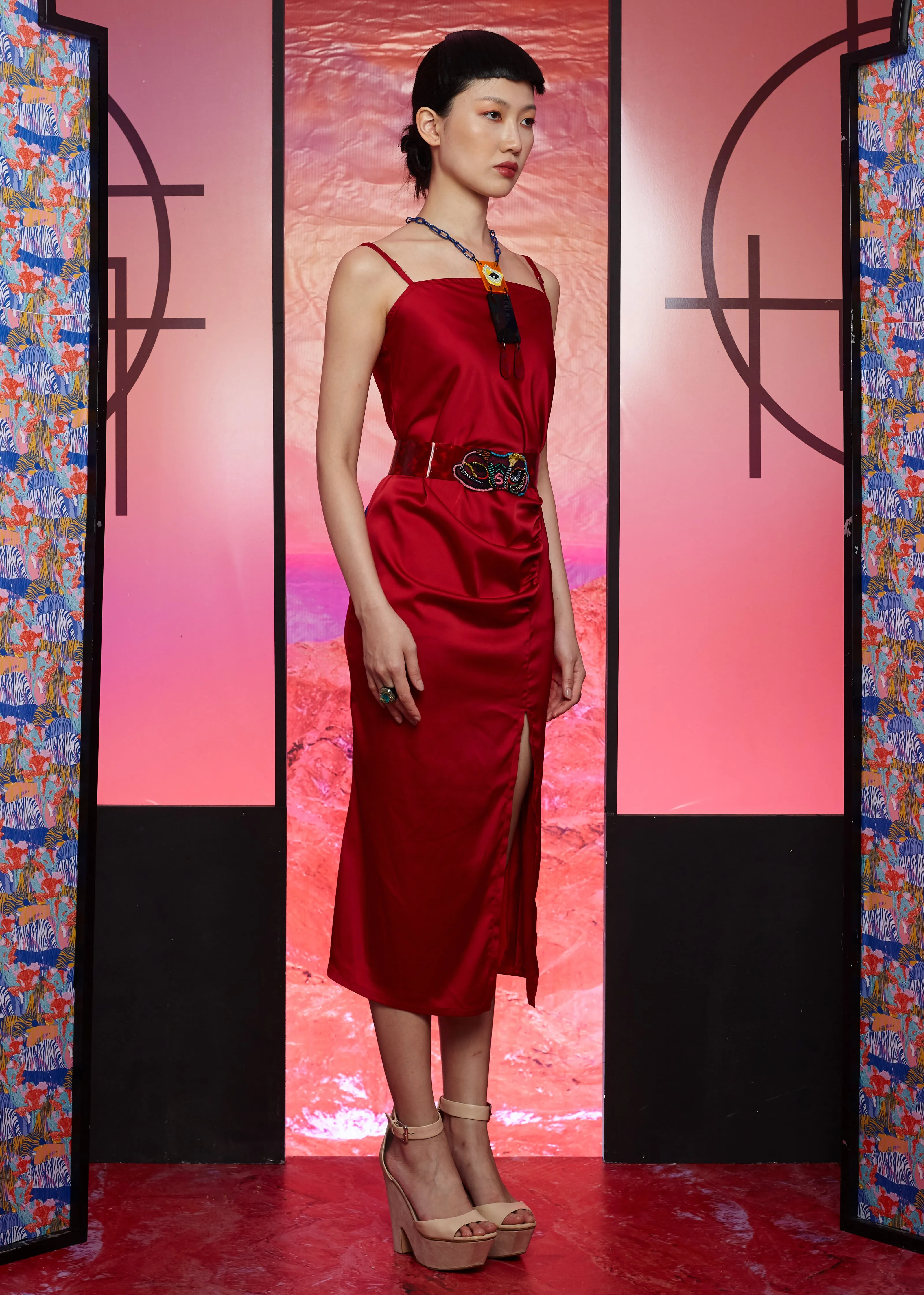 RED SATIN - A SYMMETRICAL GATHERED BIAS DRESS - RED