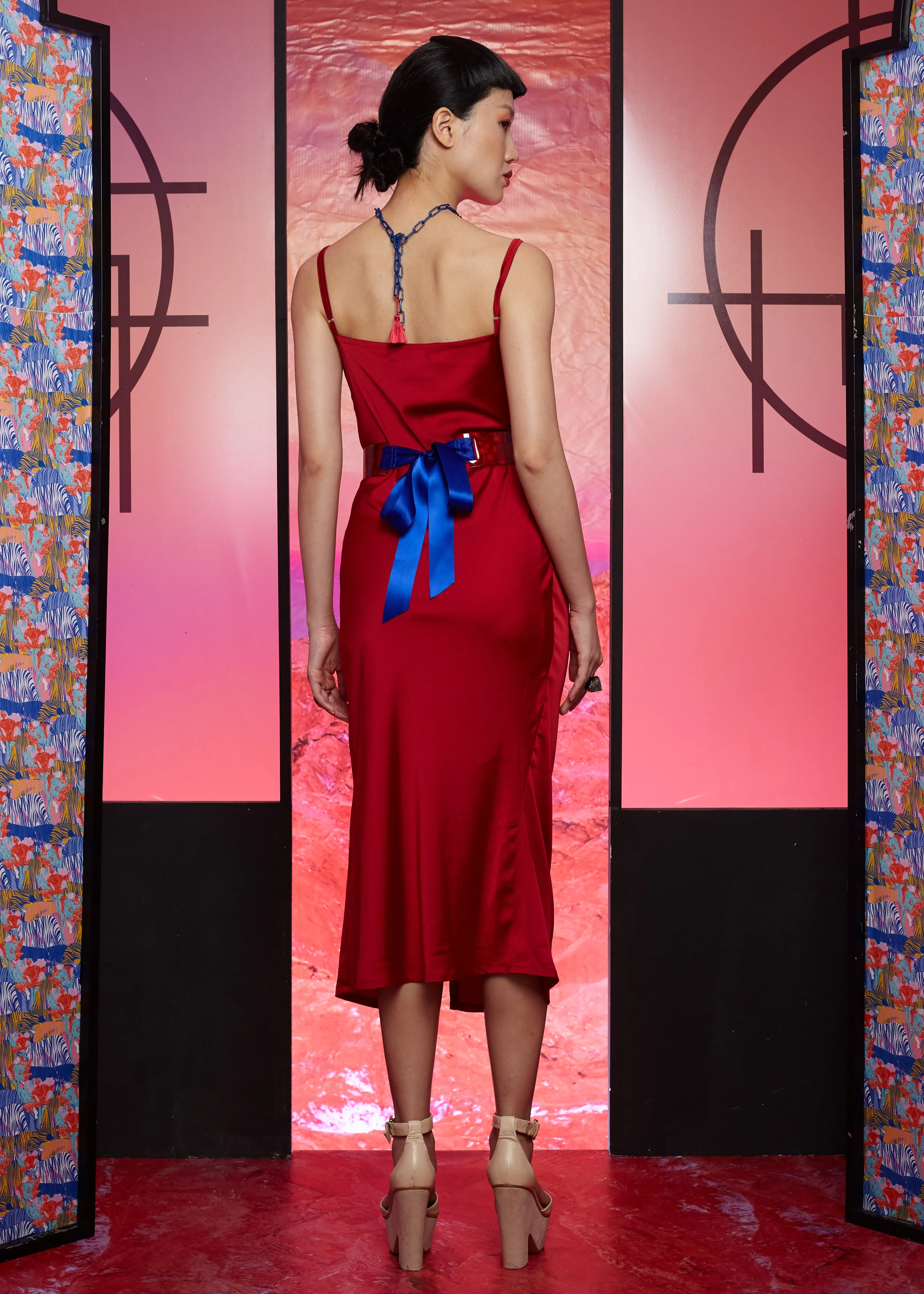 RED SATIN - A SYMMETRICAL GATHERED BIAS DRESS - RED