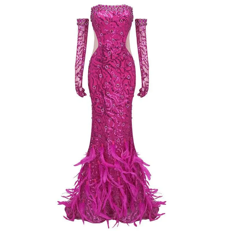 Rica Strapless Sequin Feather Maxi Dress