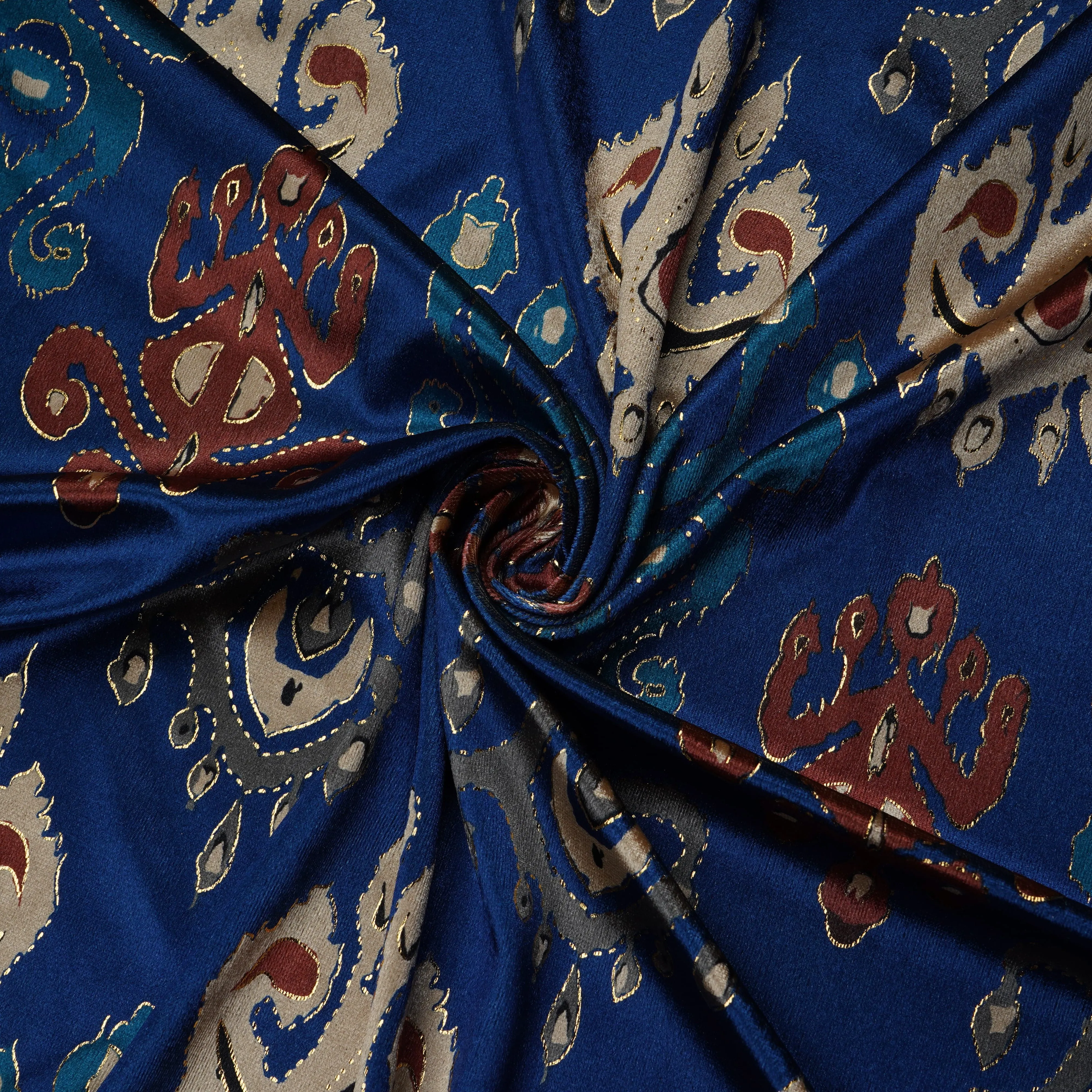 Royal Blue Traditional Print Velvet Silk Fabric 20399