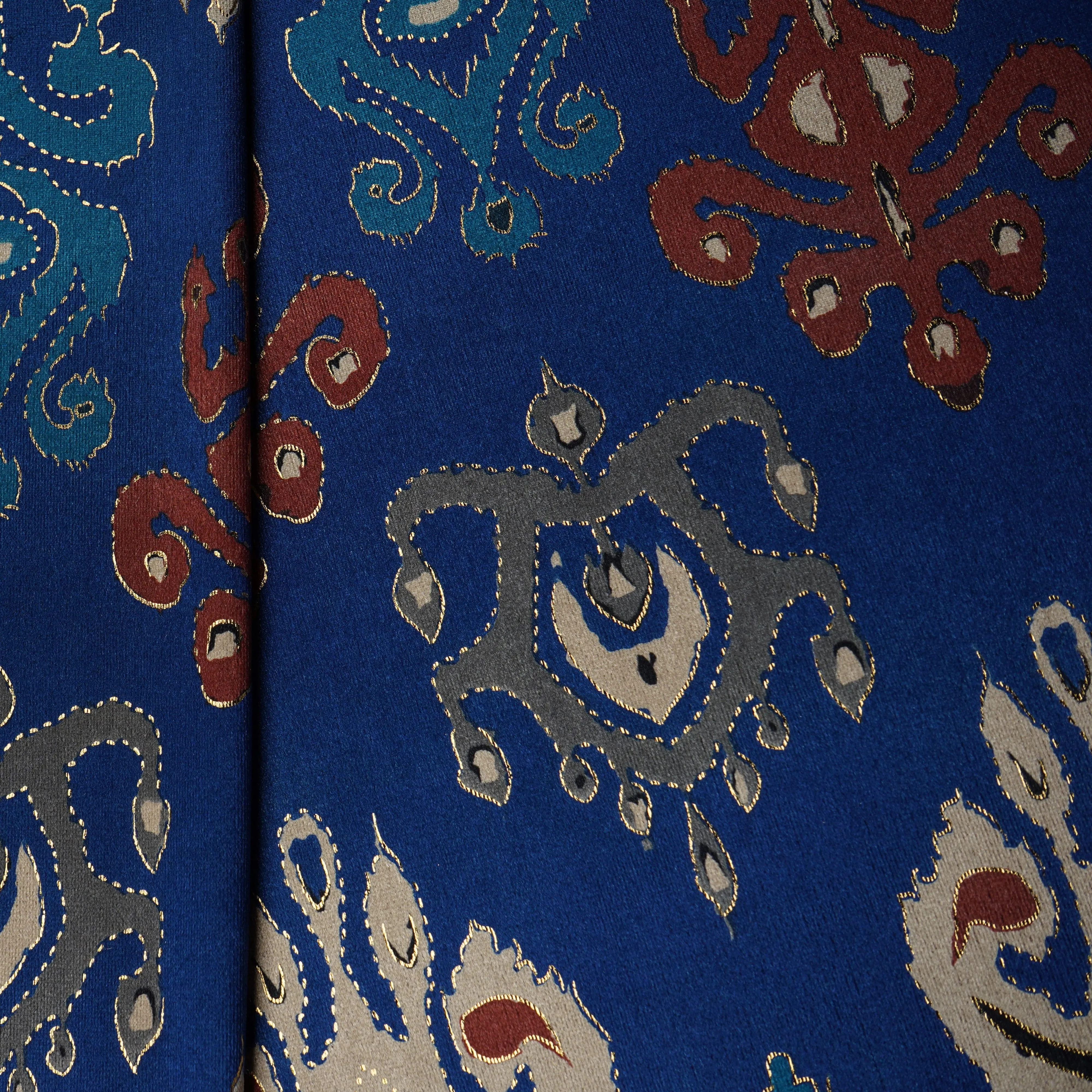 Royal Blue Traditional Print Velvet Silk Fabric 20399